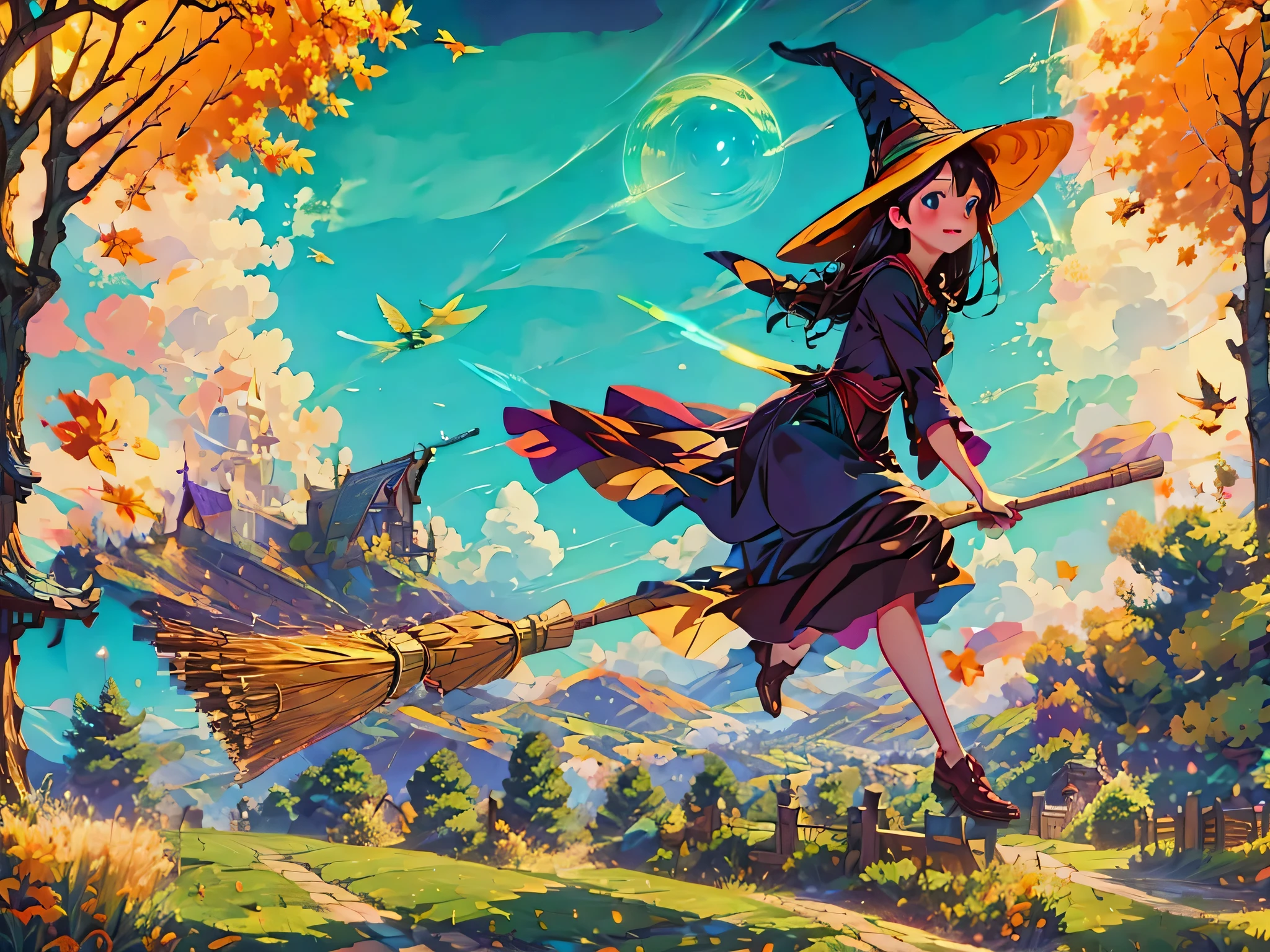 1 girl, alone,Flying Witch,Broom ride,nice background,outdoors,magic effect,light,beautiful,shine,get used to it,forest,(masterpiece, highest quality:1.2), 