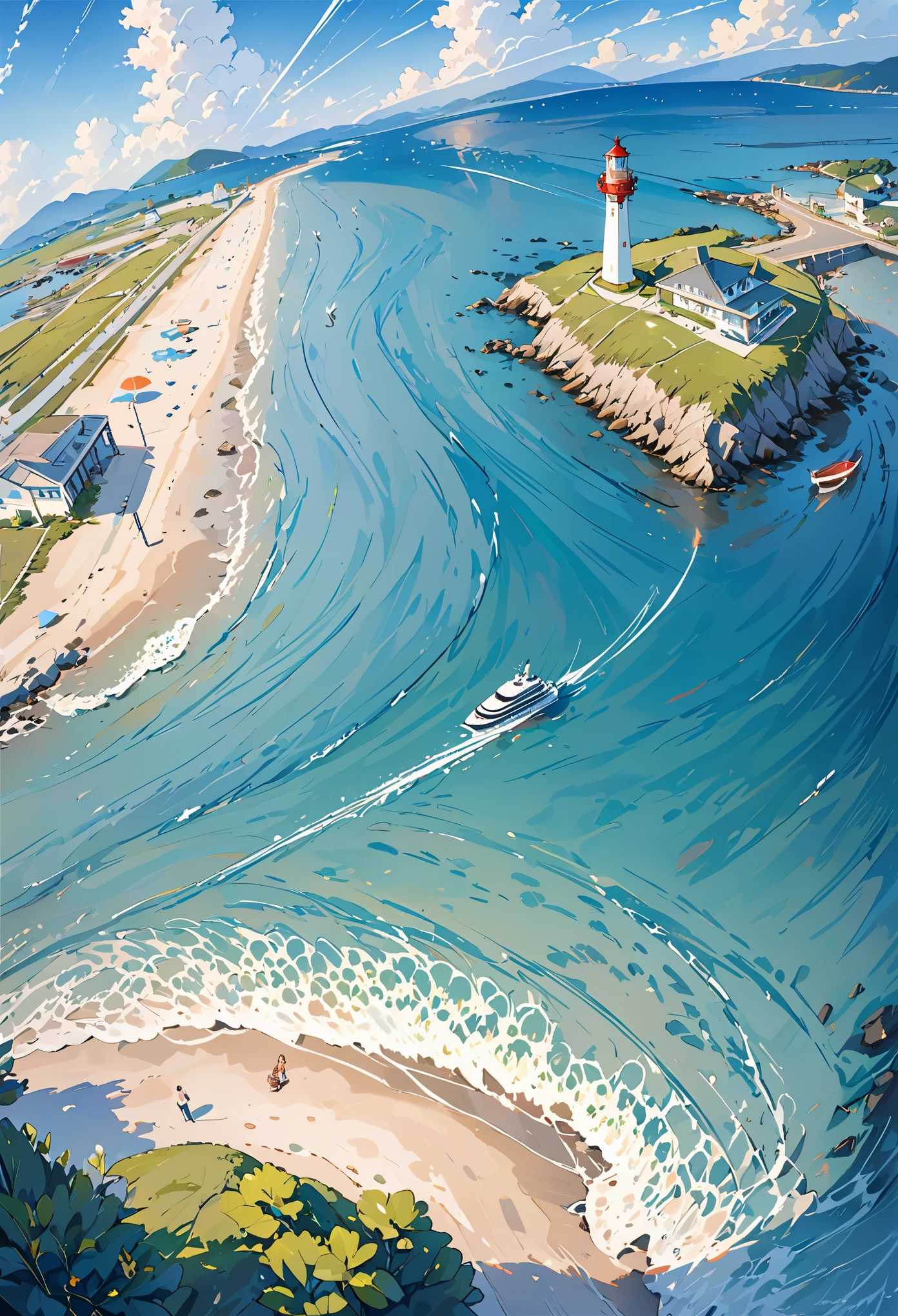 (masterpiece, top quality: 1.1), Aerial View, asymmetrical, blue sea, low tide, waves, sea route, Coastal roads, beach, shell, pier, yacht, Boat, Boat尾迹, 沉Boat, 汽Boat, contrail, car, tourists, lighthouse, seagull , horizon, wind, summer, have, morning, sunny, cloud, calm, fresh air, depth of field