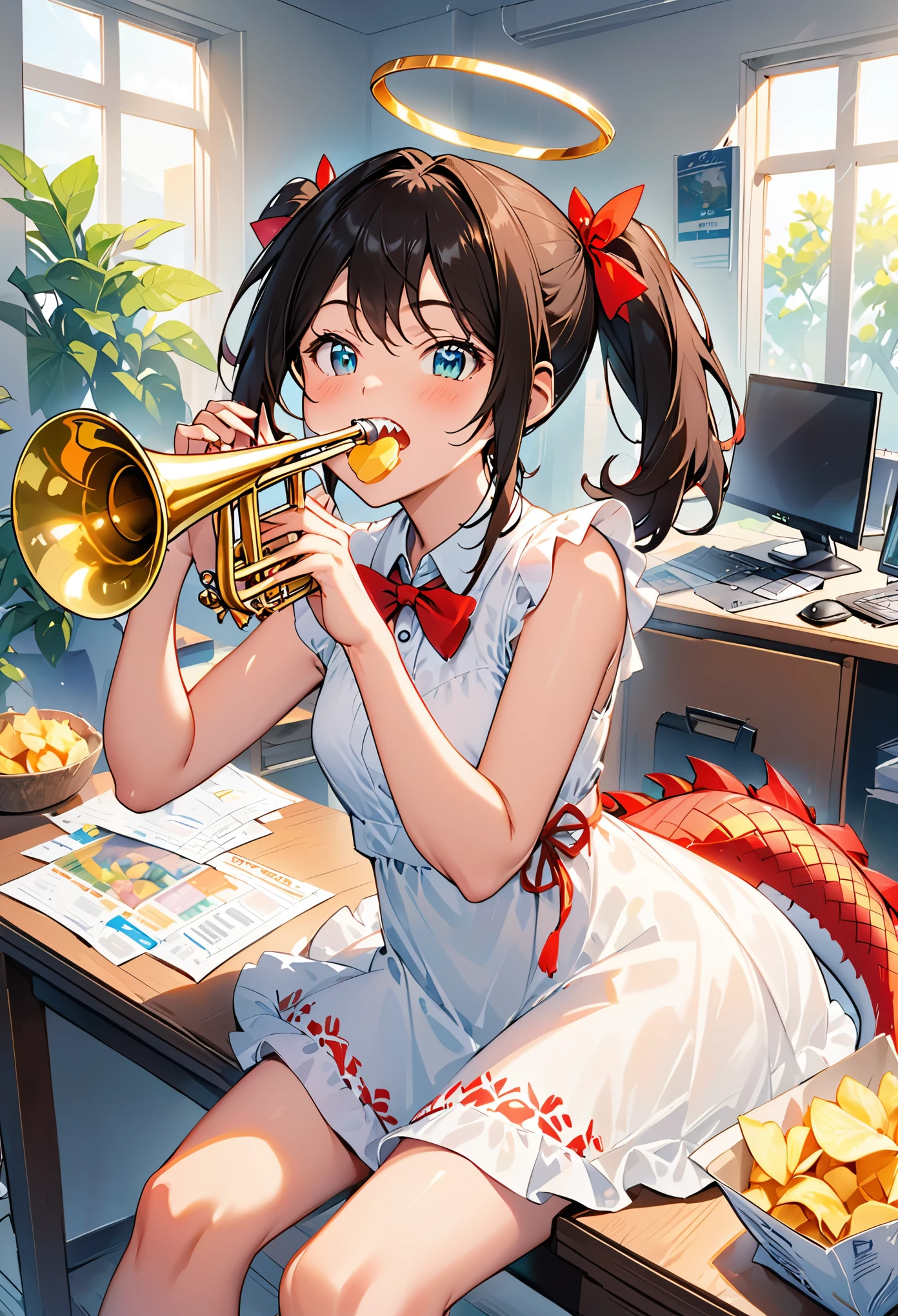 momok, halo, short twintails, trumpet, bright pupils, ahog, pointed ears, (dragon tail:1.1), collared dress, dress without sleeve, tie, small breasts, (Point to viewer:1.035), break laughter, cover mouth, Put your hands to your mouth, sharp teeth, (smug:1.2), :d, open mouth, , indoors, office, sit on the table, holding food, (bag of potato chips:0.7),