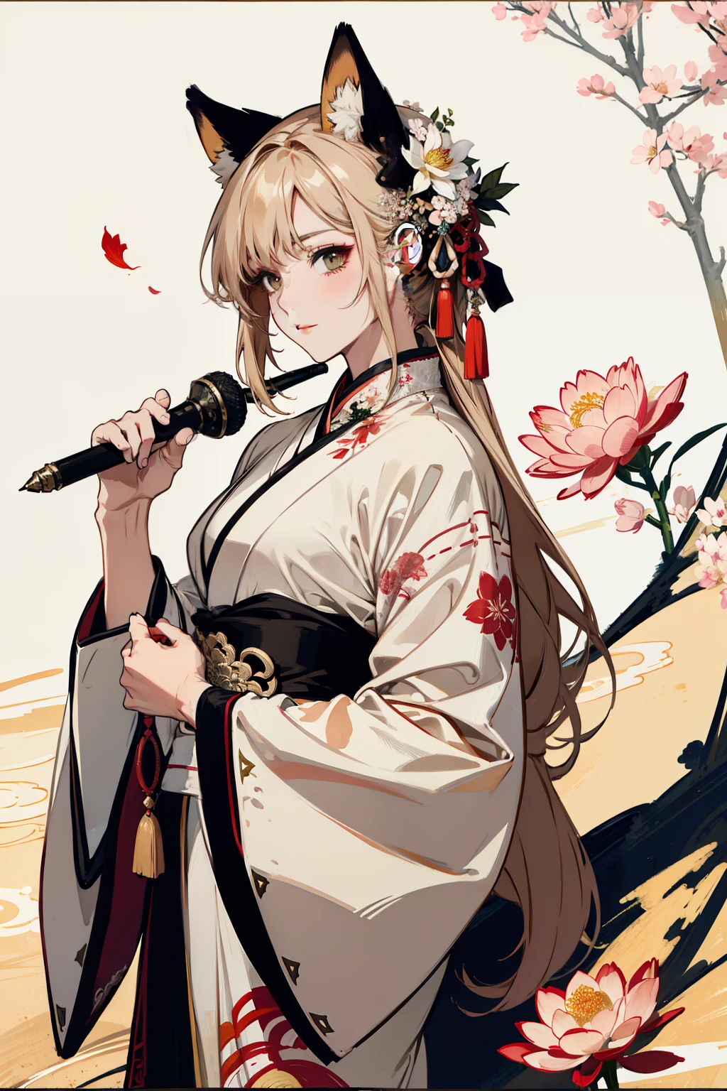 ((In 4K、masterpiece、highest quality))、Beautiful fox Iran with beige hair、youth、ink painting and watercolor painting、beige japanese kimono、traditional chinese ink painting、lotus、Hanfu、maxi kit、dress conservatively、animal ears、foreigner、Floral、There are many flowers nearby、Shenlong、highly detailed face