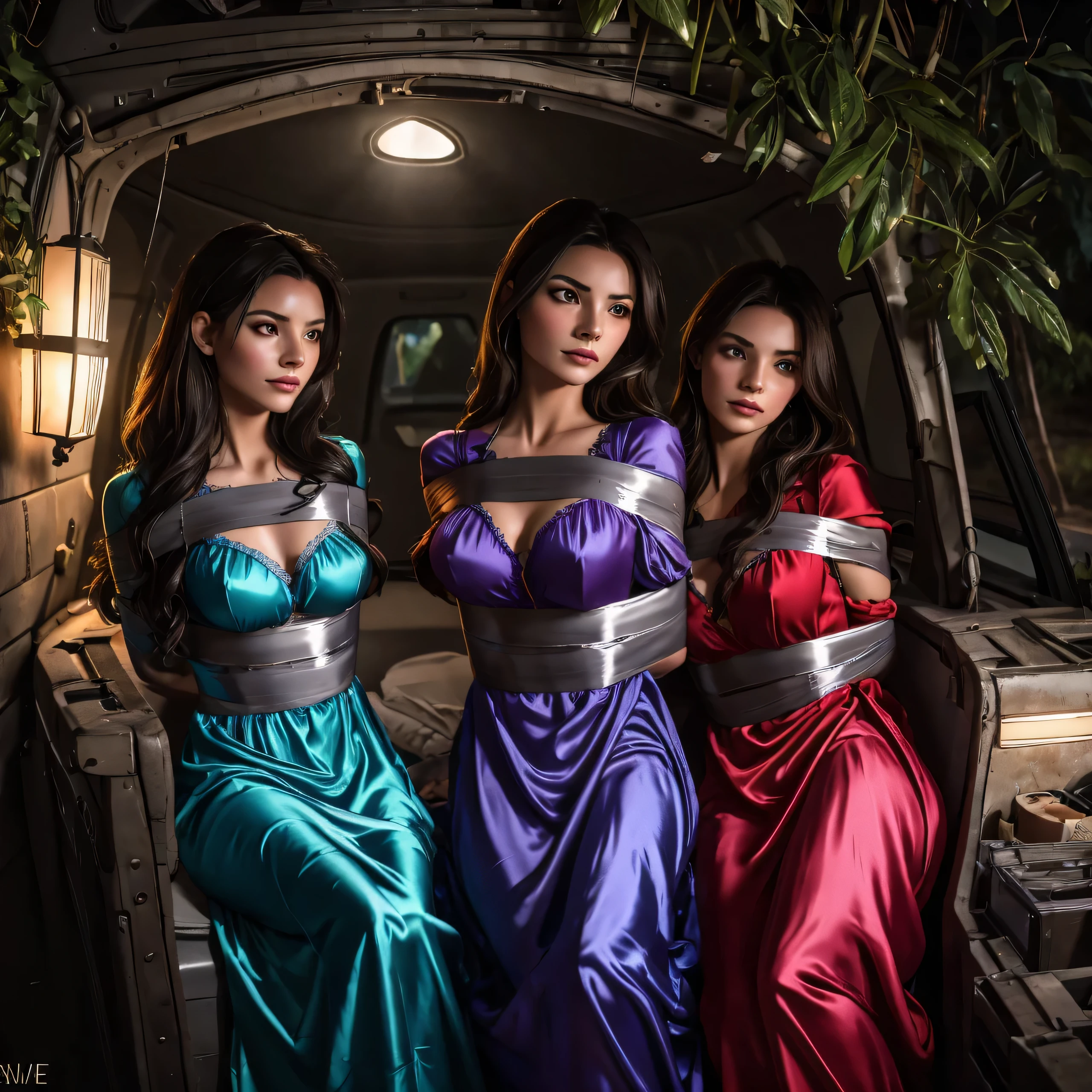 two girl playing bondage game,(bright lighting,romantic setting),dreamy background,bondage,dark hair, mesmerizing gaze, , soft skin, alluring beauty, artistic portrait, high-quality image, vibrant colors, long silk gown, in the van's trunk,tape bondage,tape gag, mosquito net