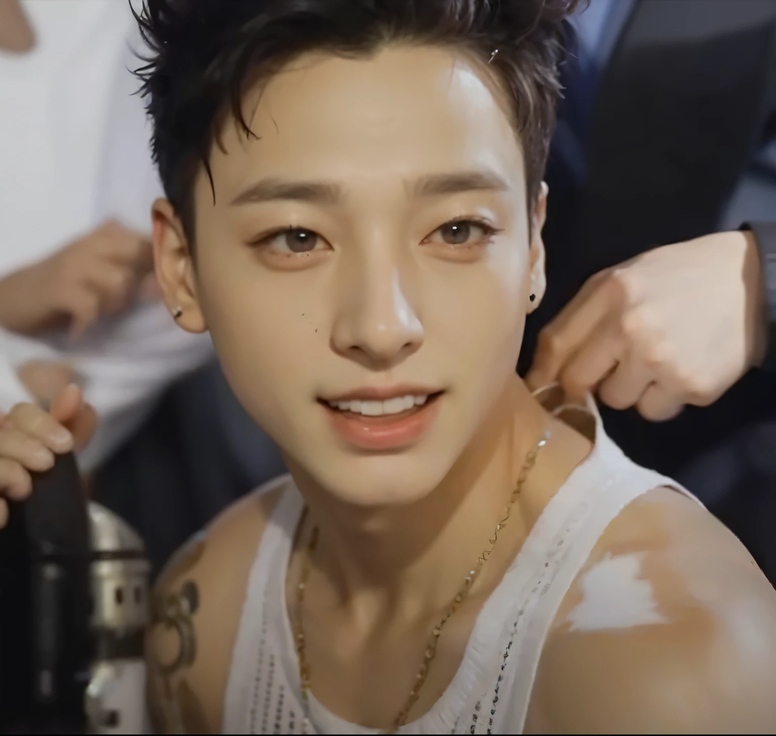 Boy wearing white sleeves t-shirt and rubbing his belly