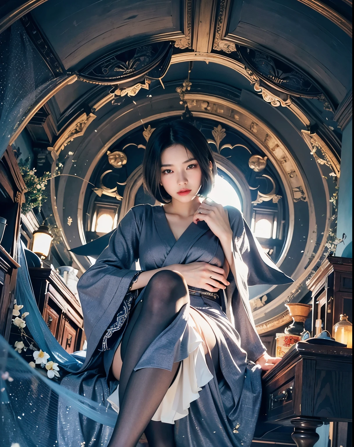 (Best quality, 8k, 32k, Masterpiece, UHD:1.2) "Generate a captivating artwork featuring a young Japanese girl model with short, sleek black hair styled in a chic bob haircut. Envision her bathed in dramatic cinematic lighting, creating an atmosphere of allure and mystery. Emphasize a romantic aesthetic vibe, showcasing the model in a poised and elegant pose that evokes a sense of intimacy and sophistication. Utilize warm and soft tones to enhance the romantic ambiance, and consider incorporating elements like flowing fabrics or flowers to add a touch of ethereal beauty. Capture the essence of romance and beauty through the model's expression, the play of light and shadows, and the overall aesthetic, creating a visually compelling and emotionally resonant piece." (perfect eyes), flawless skin, flawless face, cinematic, tight body, ((well-proportion female hands)), ((female hands with five digits)) ((Body is well proportioned)), ((chic bob haircut)),