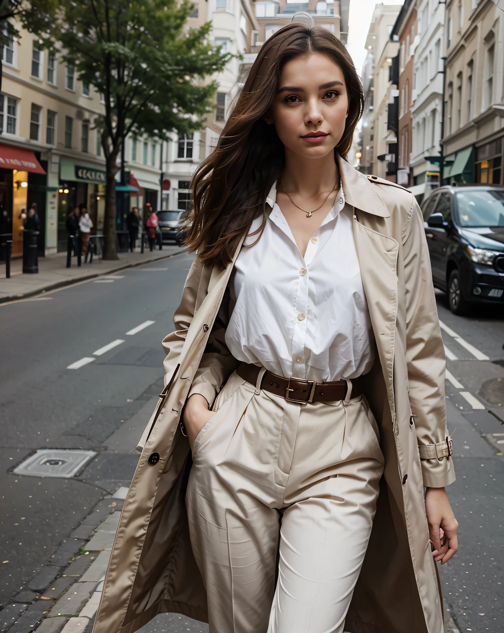 Completamente vestido, Mujer perfecta, Fantasy clothing, joyas cartier, By the chestnut, pelo oscuro, Cuerpo perfecto , Foto en Londres, Gabardina elegante, Camisa blanca, pantalon de vestir marron claro