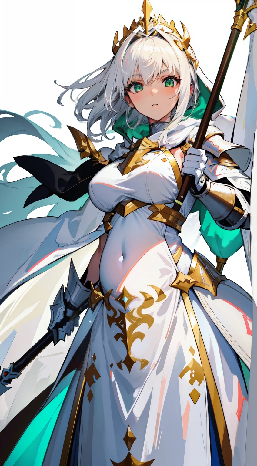 1girl, sharp white hair, sharp green eyes, wearing full white armor and radiating light, paladin, 8k, holding a flag spear, wearing white robes with hood and epic white paladin super armor, wearing general robes and she is greater tanker, she's pregnant with stranger's baby