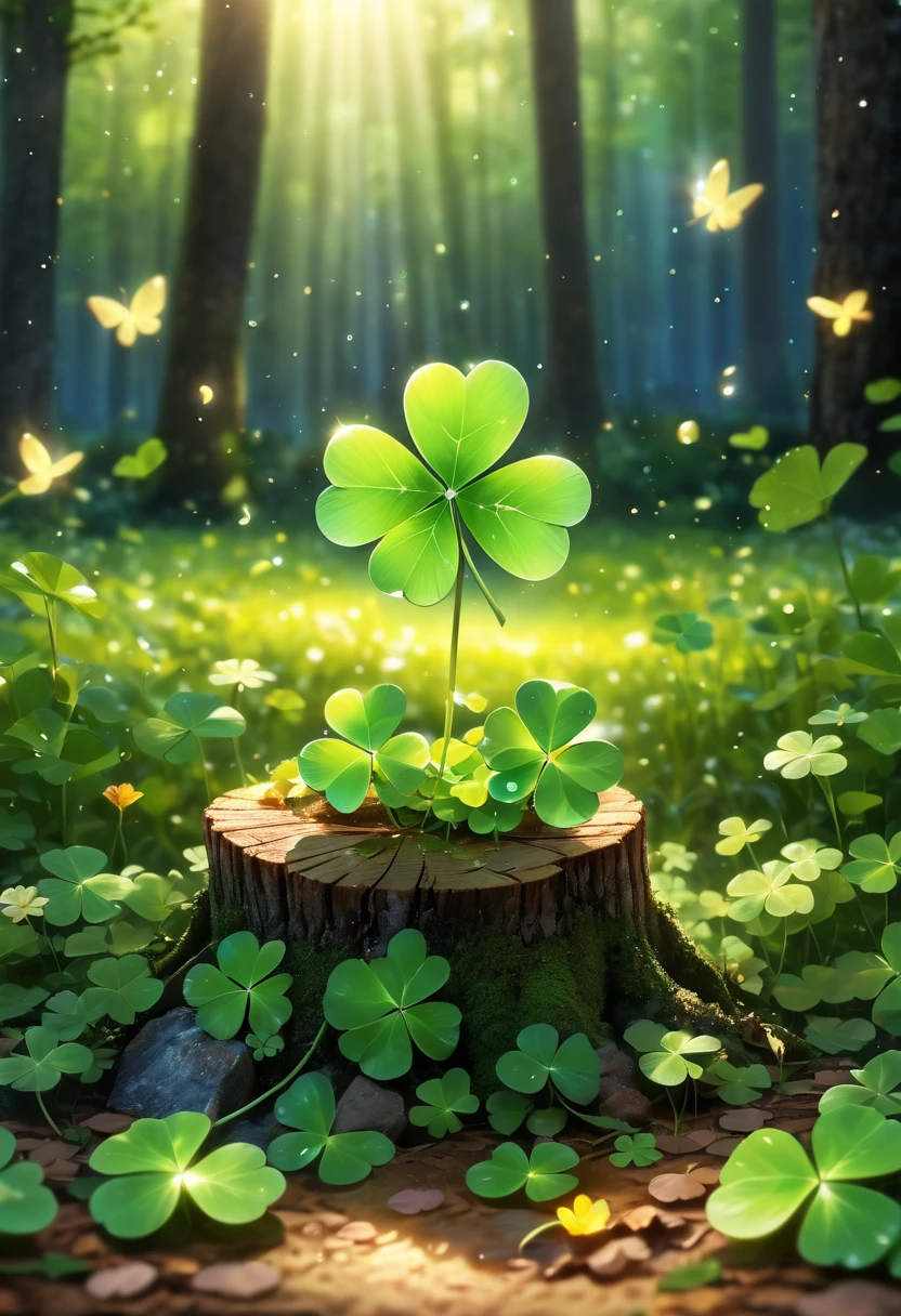 Plant growing from tree stump close-up:1.37, four leaf clover,fascinated by nature, background full of lucky 四葉草s, glowing green, leaves and magic.beautiful!!!!!!!!!, green blessing, Natural and realistic rendering.Foreground illuminated by fireflies.Best Essay. anatomically correct.bokeh background(best quality,4k,8k,high resolution,masterpiece:1.2),super detailed,(actual,photoactual,photo-actual:1.37),