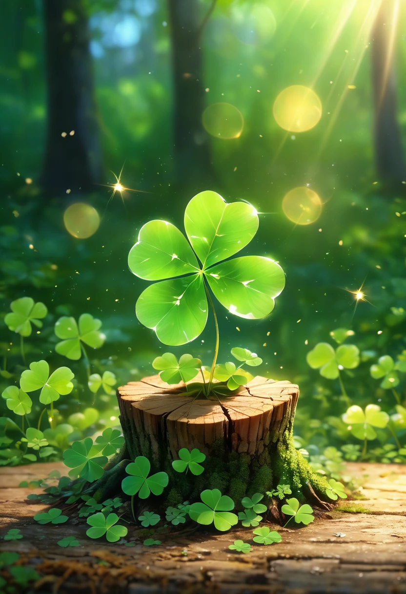 Plant growing from tree stump close-up:1.37, four leaf clover,fascinated by nature, background full of lucky 四葉草s, glowing green, leaves and magic.beautiful!!!!!!!!!, green blessing, Natural and realistic rendering.Foreground illuminated by fireflies.Best Essay. anatomically correct.bokeh background(best quality,4k,8k,high resolution,masterpiece:1.2),super detailed,(actual,photoactual,photo-actual:1.37),