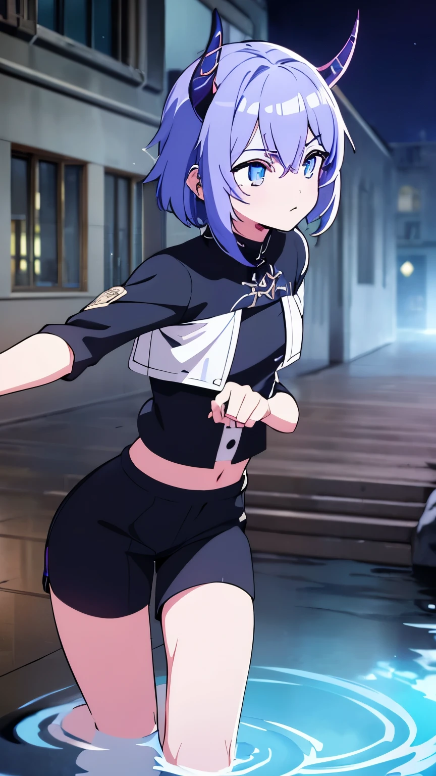 1 boy ,(big Stigmata), non binary, androgynous, School courtyard, (floating hair), ((in courtyard fountain)), character focus, ((black light)),((dark lighting)), cinematic lighting ,(darkness), (concept art), ((innocent face)), blue short straight hair, light blue hair color, dragonoid girl, short, short blue hairy, glowing bluish-purple horns, bluey-purple eye color, (glowing eyes), high resolution,(incredibly absurdres) ,extremely detailed CG unity 8k wallpaper, ((masterpiece)), ((top-quality)), (beautiful illustration), ((an extremely delicate and beautiful)), (masterpiece, Best quality, ultra high resolution), 1 girl, pale skin, Black Crown, purple eyes, Luminous_eyes, neon blue eyes, ultra detailed eyes, Beautiful and detailed face, detailed eyes, (Centered, torso), (wide shot:0.9), facing the viewer, Eye level, flat chested, flat chest, cup size AAA, Wearing black cargo shorts, sharp horns, blue horns on top of head,