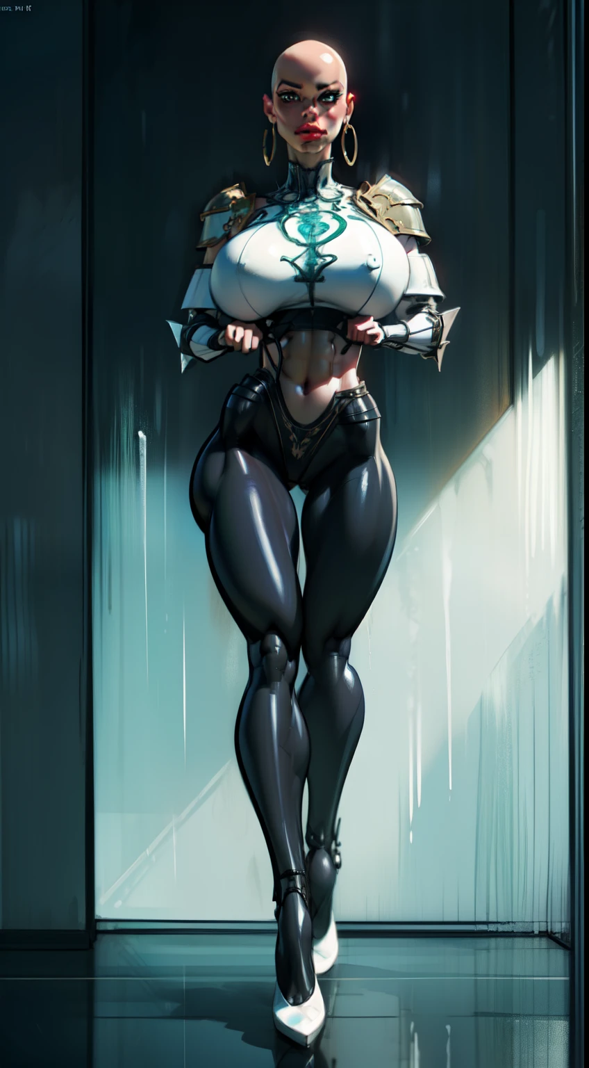 8k ((long neck:1.6))((full body view))((view from below:1.5)),(large eyes:1.3), defined cheekbones, looking back, ((the pit style:1.4))((sleek glass body:1.6)) ((intricate armor details:1.4))detailed face:1.5), perfect skin,(puffy lips:1.5) (pale skin:1.6), (bald woman:1.7), (skinhead) ((sexy pose)),(Muscular:1.3), ((gigantic breasts:1.5)), )highly detailed, elegant, digital photography, art by artgerm and ruan jia and greg rutkowski, ((large shoulder pads:1.2)), (masterpiece), sidelighting, intricate details, (((white color palette))), midriff exposed, low rise tights,