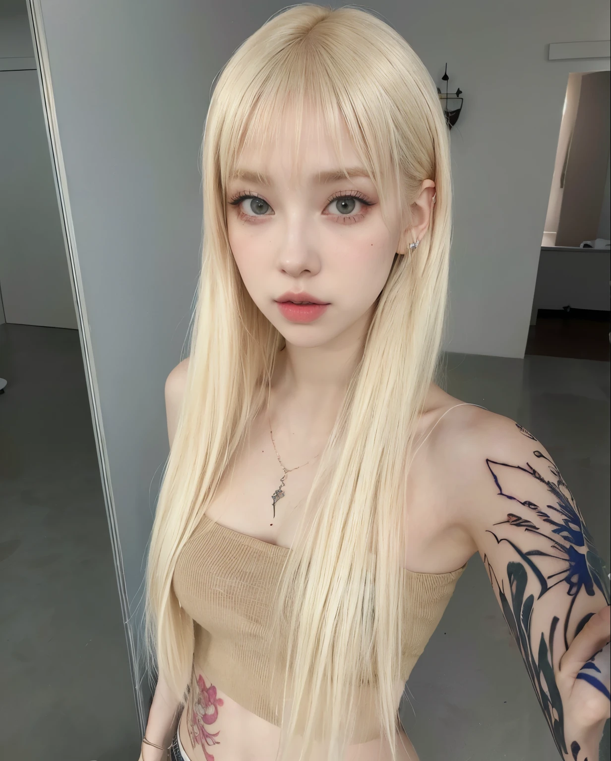 Mujer rubia con tatuajes y piercings posando para una foto., peinado de corte hime blanco, pelo largo y blanco y flequillo, extremely pale blonde hair, pale fur, very very pale blonde hair, el corte de hime, flequillo blanco, Lalisa Manobal, ava max, pelo largo con flequillo, pelo largo con flequillo completo, bella delfina, ulzzang, flequillo largo y recto