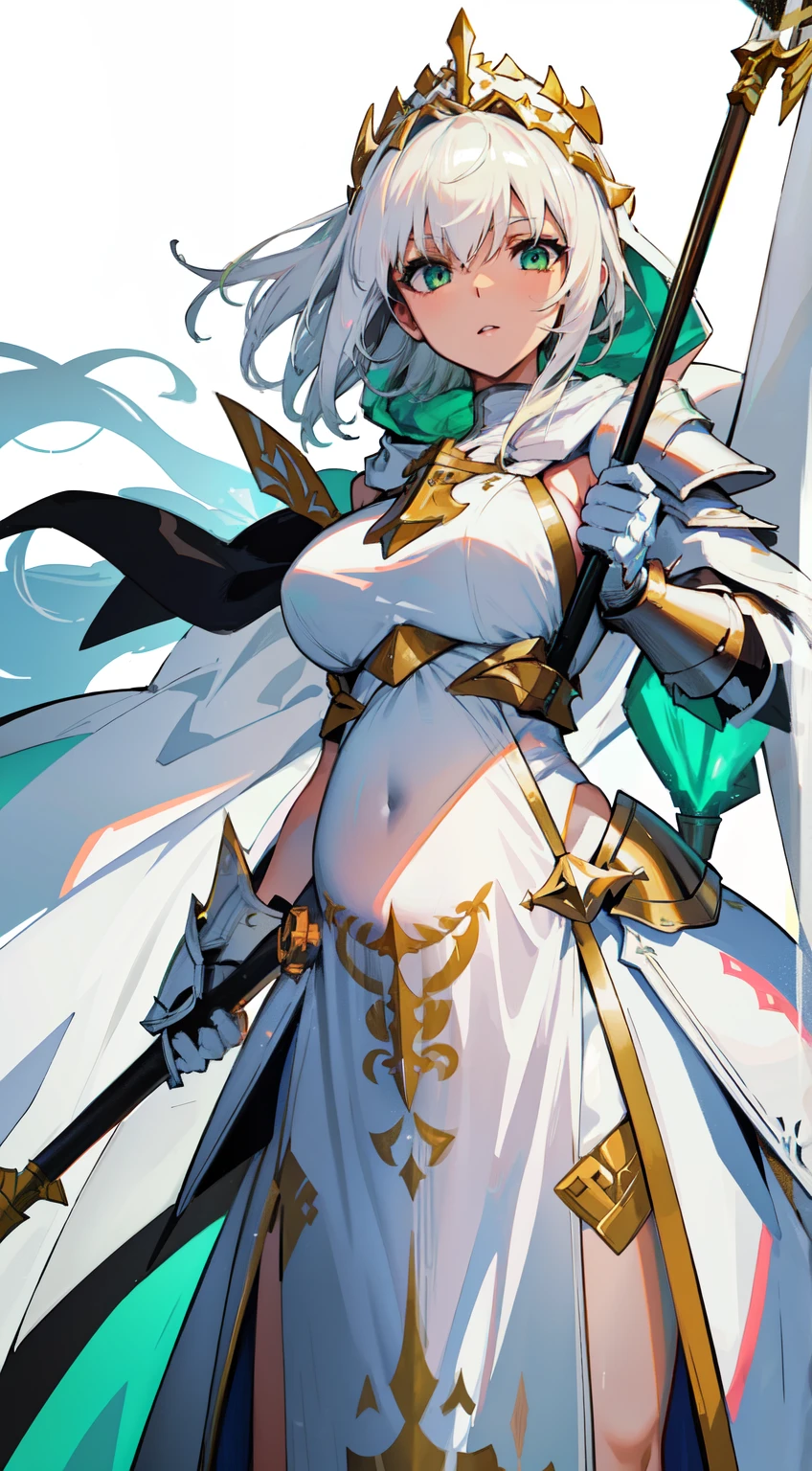 1girl, sharp white hair, sharp green eyes, wearing full white armor and radiating light, paladin, 8k, holding a flag spear, wearing white robes with hood and epic white paladin super armor, wearing general robes and she is greater tanker, she's pregnant with stranger's baby, pregnant belly 