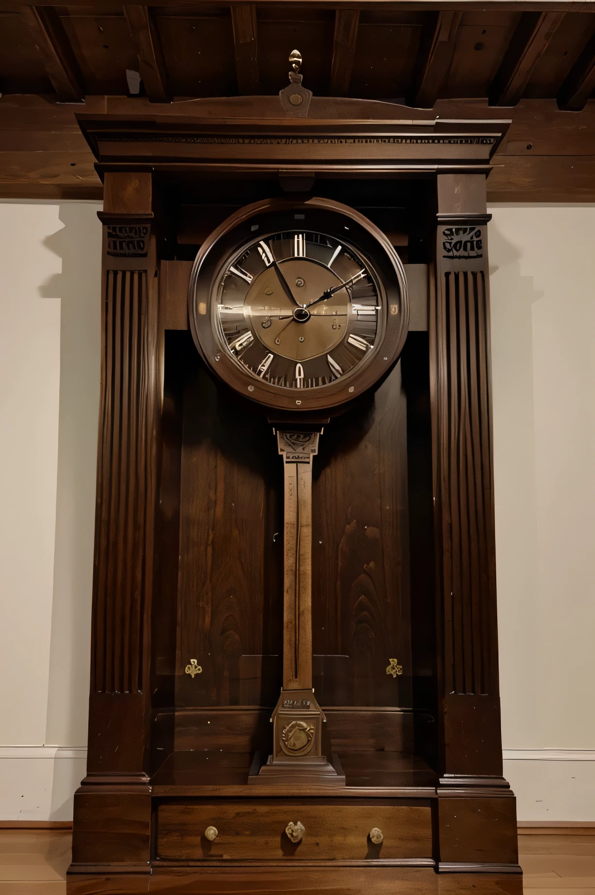 an image of the front of an antique dark wooden clock measuring 34 cm wide by 260 cm high