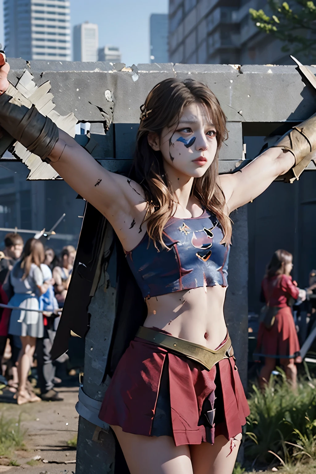 highest quality,masterpiece,UHD, Super detailed, 8K,(Beautiful woman),(一人のBeautiful woman),((crucifixion:1.5)),((cross)),(execution),((incontinence)),scared,torture,slave,((crossにcrucifixionにされた女性:1.5)),crucifixion刑,(supergirl),red skirt,((torn costume:1.4)),(tattered clothes),((Bruises on face and body:1.4)),Defeated heroine,a devastated world,ruins,abandoned building