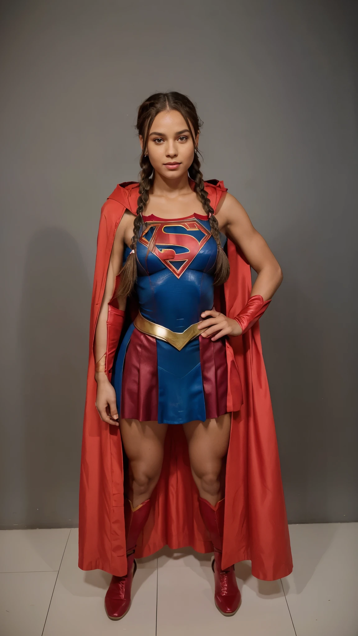 Uma Mulher, com traje da Supergirl, extremamente realista, muito linda, usando capa vermelha, braids in hair, sexy, bunda grande, pernas grossas, fitness 