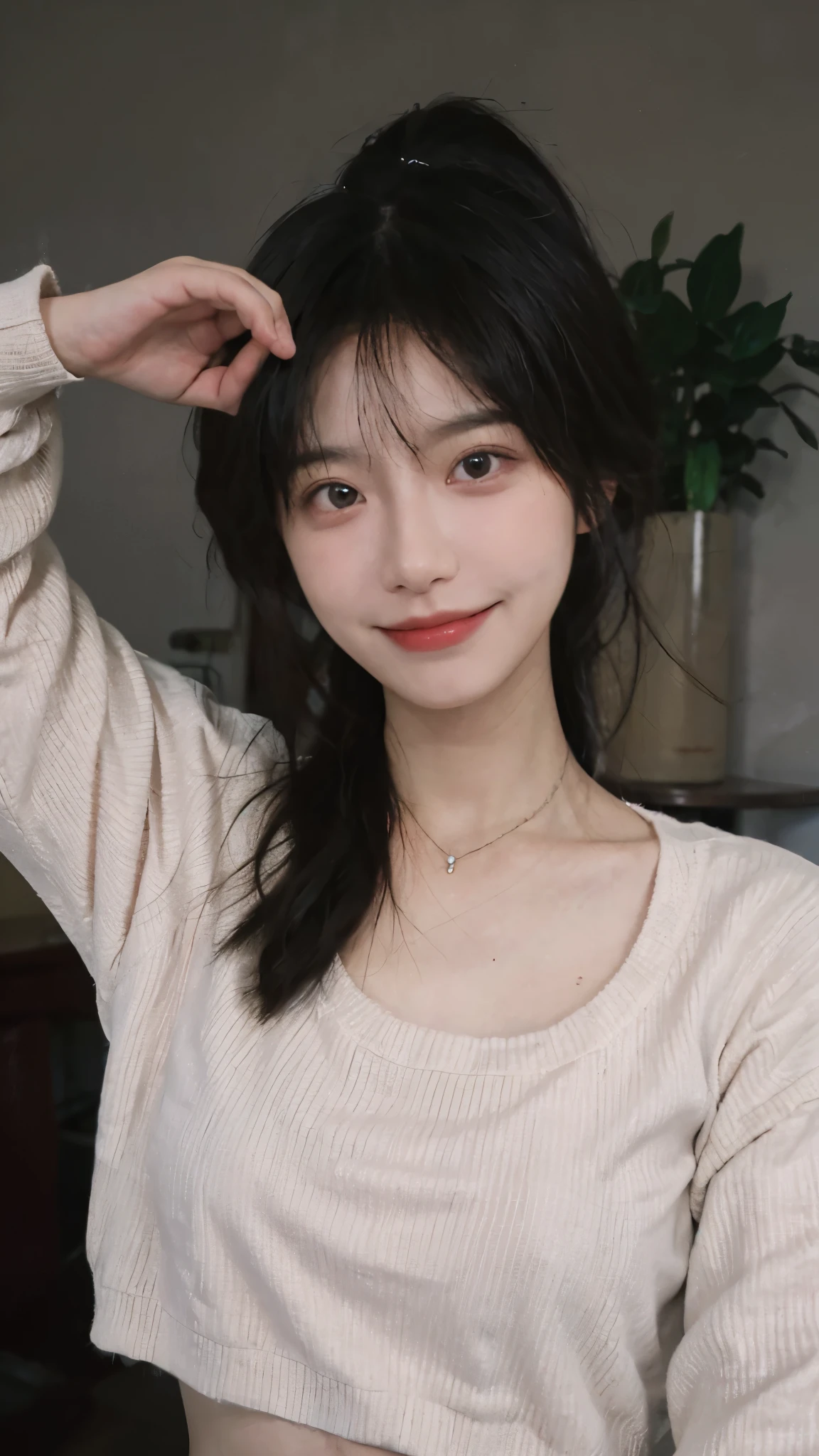 best quality, ultra high resolution, (realistically:1.4),cute hairpin,Baoyu Girl,1 girl, Beautiful woman with slim figure:1.4, abdominal muscles:1.8, a brown haired one, Medium chest:1.3, pink long sweater:1.1, Chis,Super thin face,exquisite eyes,double eyelids,Smile,necklace