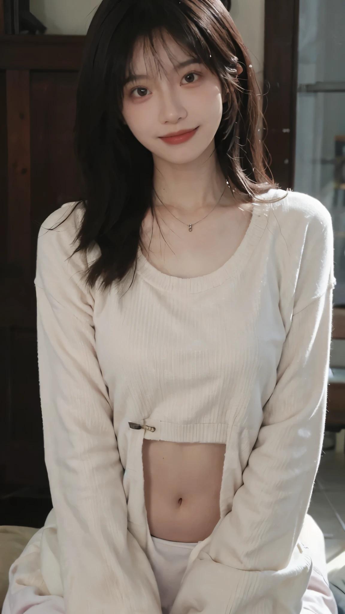 best quality， ultra high resolution， （realistically：1.4），cute hairpin，Baoyu Girl，1 girl, Beautiful woman with slim figure:1.4, abdominal muscles:1.8, a brown haired one, Medium chest:1.3, pink long sweater:1.1, Chis,Super thin face，exquisite eyes，double eyelids，Smile，necklace