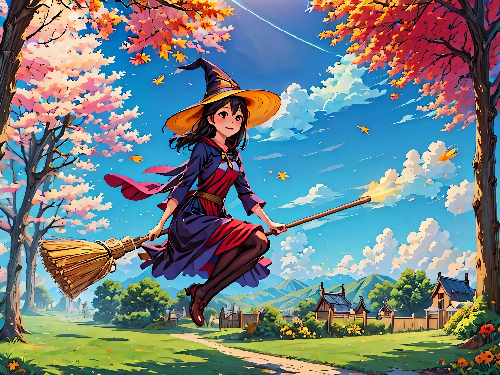 1 girl, alone,Flying Witch,Broom ride,nice background,outdoors,magic effect,light,beautiful,shine,get used to it,forest,(masterpiece, highest quality:1.2), 