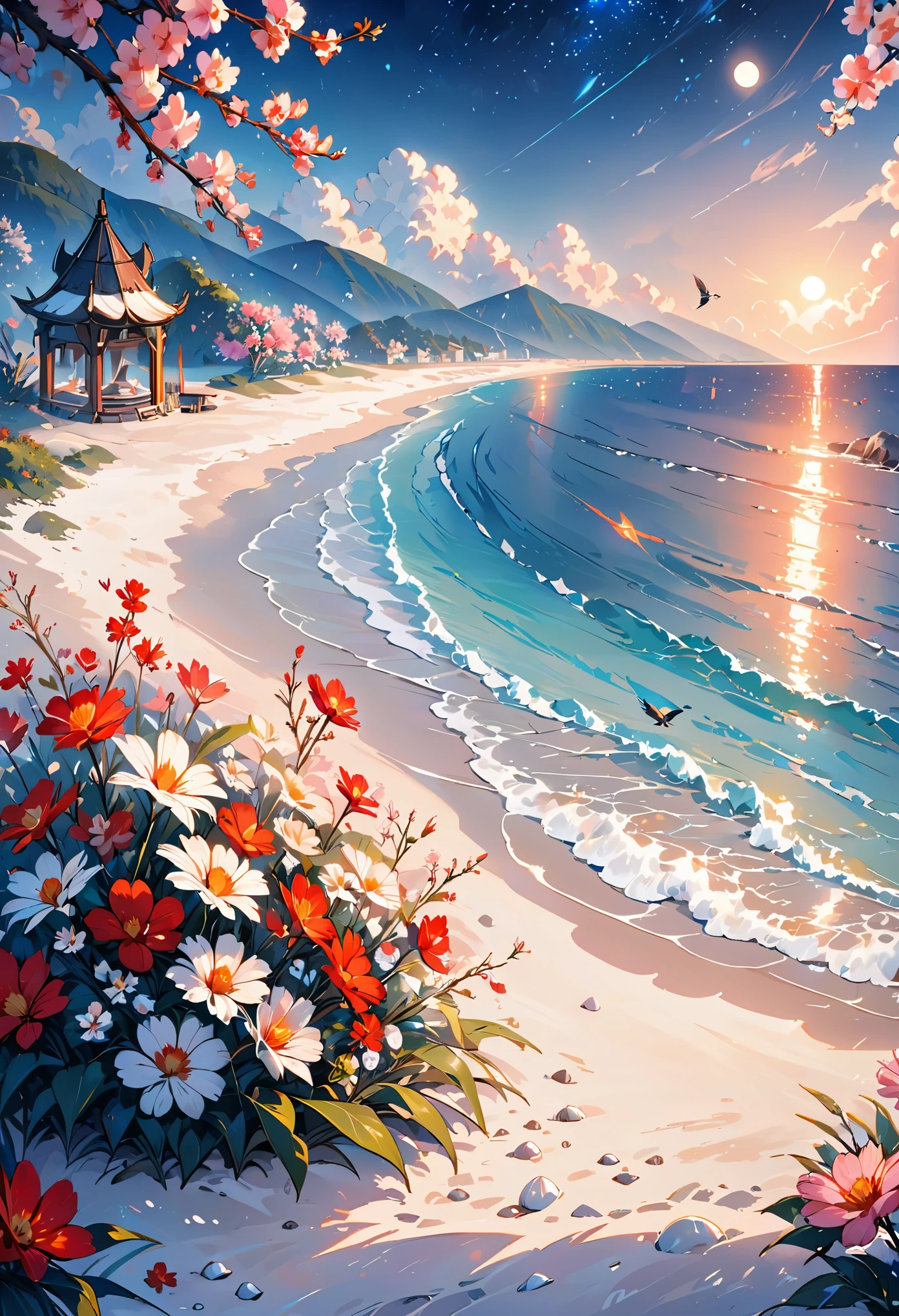 castle, flowers, Delicate scenes, Sky, Baiyun, The sun shines on the snow-white beach. birds, pink flowers and bright big shells, diamond crystal, on the beach, fantasy, night Sky, moon, smokes, fire, photo, HD, 8k, UHD, Ultra-detailed, high quality, 1080p  