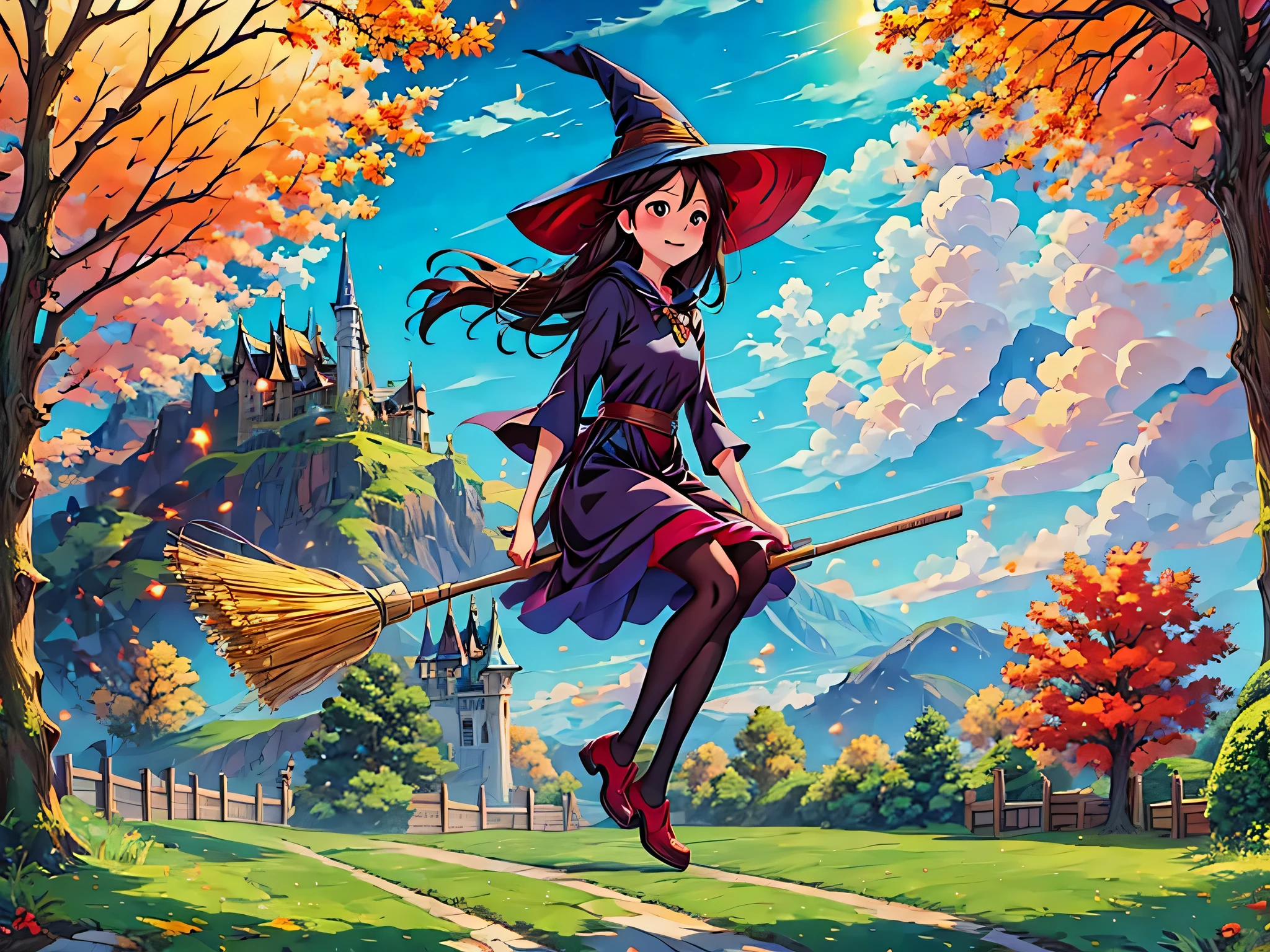 1 girl, alone,Flying Witch,Broom ride,nice background,outdoors,magic effect,light,beautiful,shine,get used to it,forest,(masterpiece, highest quality:1.2), 