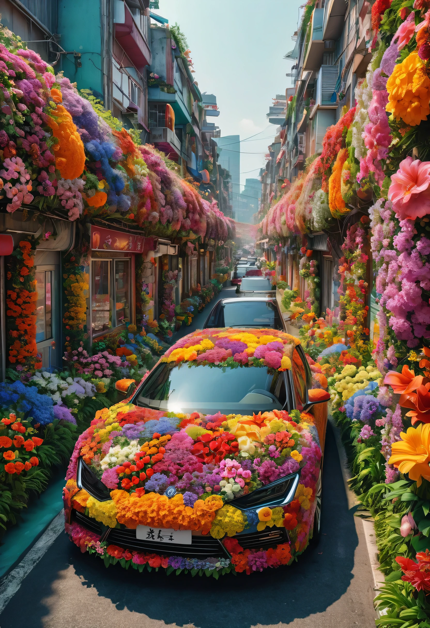 Realistic photos, fantasy, futuristic, Science fiction, Sea of flowers, City, View od street full of flowers, many colorful flowers, The walls are covered with flowers, car covered in flowers, bright colors, 一个美丽的女人在一座被五颜六色的鲜花覆盖的City的街道上漫步, original photo, 32k, high dynamic range, depth of field, 8k, 