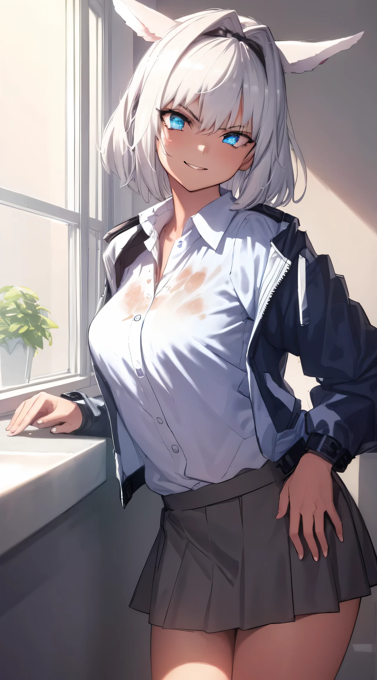 caenis,( fgo stage 3), 1girl, smile, short hair, white hair, bangs, red eyes, animal ears,
BREAK (collared shirt, blue jacket, open jacket, long sleeves, grey skirt:1.2)
BREAK posing in front of the window,
BREAK Sexy woman opening legs at M,Panchira、Dig into the crotch、Beautiful woman、Yogurt is poured all over the body and gets dirty、Ruined restroom、drooing eyes、glares,
BREAK (masterpiece:1.2), best quality, high resolution, unity 8k wallpaper, (illustration:0.8), (beautiful detailed eyes:1.6), extremely detailed face, perfect lighting, extremely detailed CG, (perfect hands, perfect anatomy),