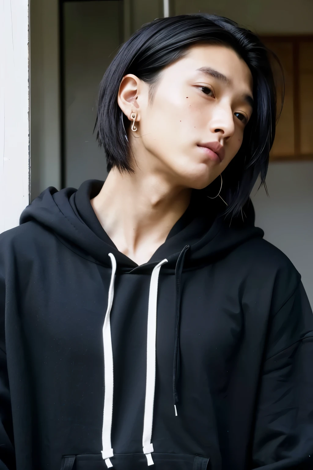 Japanese young man black hoodie earrings shaved black hair long hair tied up handsome man no beard fair skin full body image