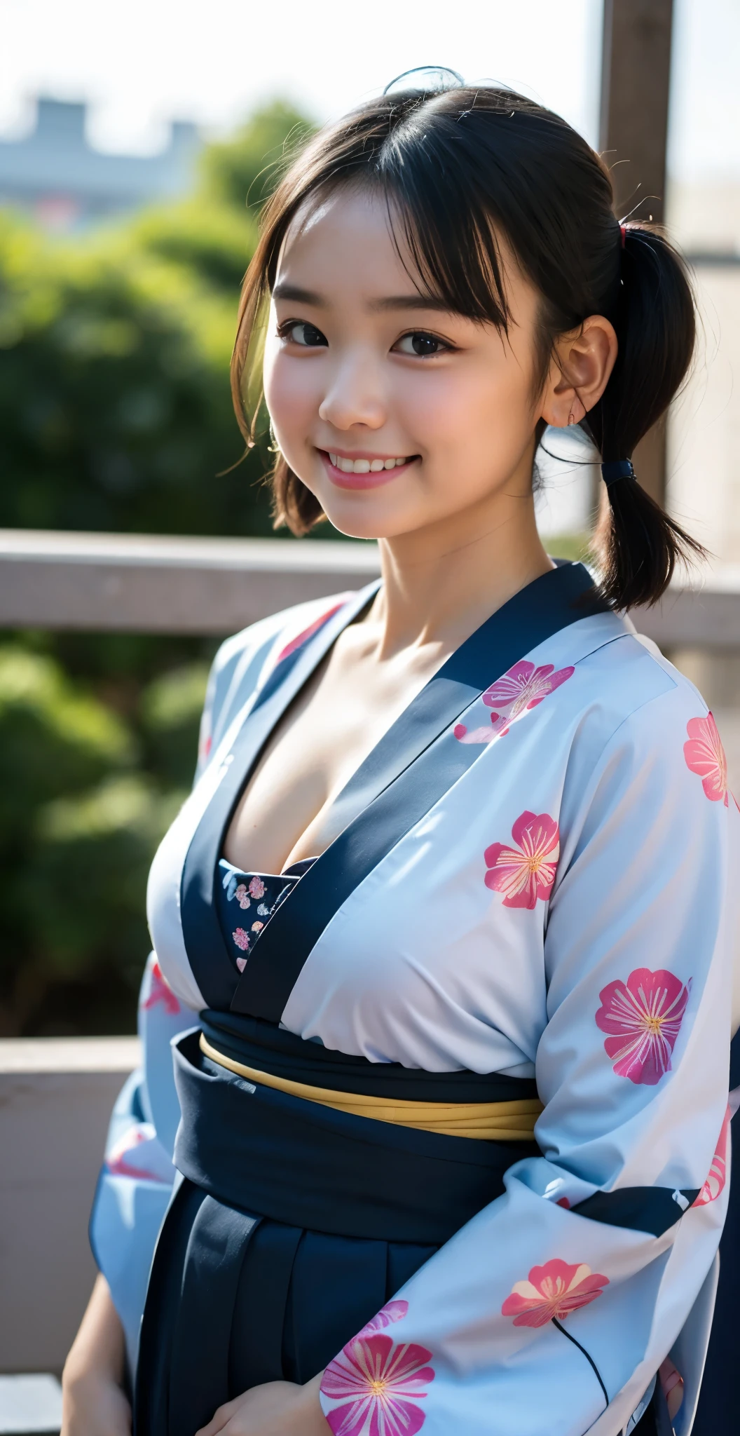 （8k、Raw photography、highest quality、masterpiece：1.2),(black haired、very short hair:1.8),(short twin tails:1.4)、show viewer,Looking at the front,erotic,white skin,(Wearing a kimono with a colorful floral pattern:1.7)、()、(Clothing that emphasizes the shape of your chest、publish one&#39;skin of:1.8)、(big breasts :1.4)、slim body shape、ultra high resolution,beautiful,beautiful fece,(alone, alone、no background:1.9),whole bodyボディー,japanese woman,（Photoreal：1.37）、photon mapping,reality、(-faced and cute: 1.4)、(cute smile: 1.7)、(With a round face: 1.9)、radio city、Physically based rendering、depth of field rally background、photograph, (I can see your knees,close up of thighs:1.4),whole body、super fine