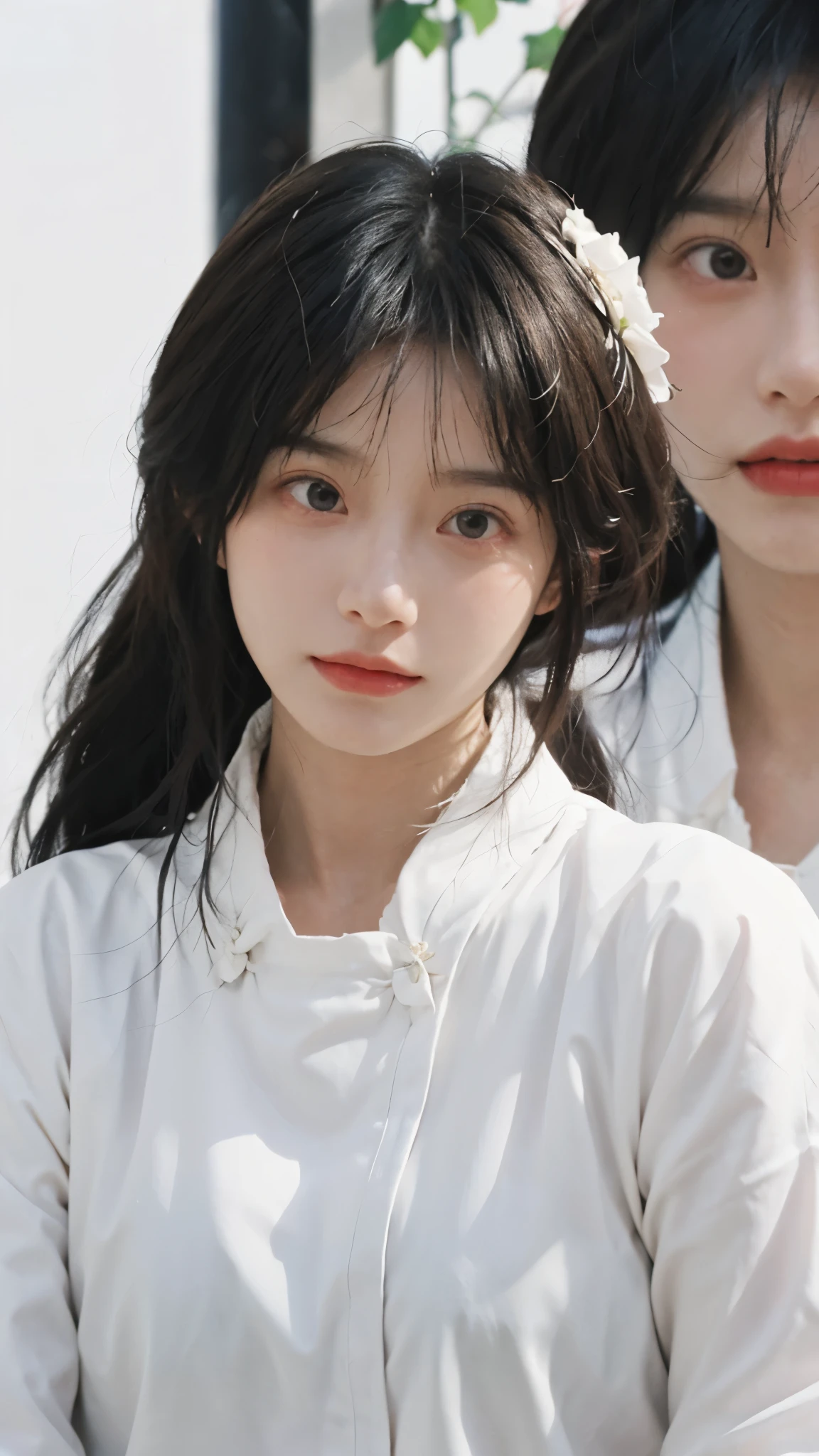 best quality， ultra high resolution， White background，（realistically：1.3）， girl， A pair of eyes as clear as snow,Royal sister，Black long straight， looking at the audience， close up ，