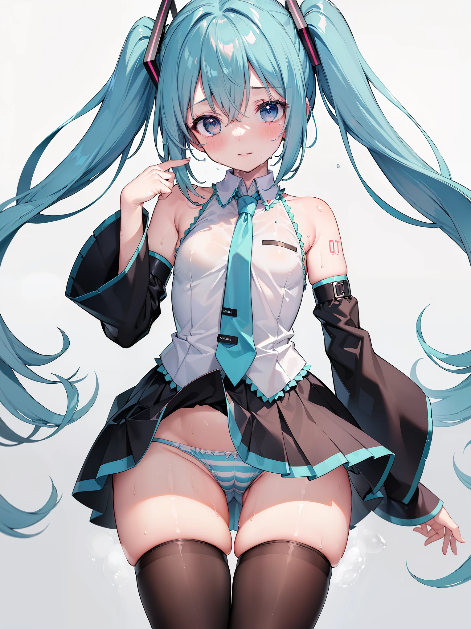 (((best quality, masterpiece, high resolution, ultra detailed:1.5))), 1 girl, ((hatsune miku)), (, cute girl, pretty girl), (teal twintalls, teal long twintall) BREAK (solid white blouse, solid white sleeveless clothe), BREAK (black independent sleeves, black detached sleeves:1.3), BREAK solid blue long necktie, BREAK (black micro mini skirt, skirt hem blue), BREAK ((fully exposed panties, blue stripes panties, skirt flutters, skirt lifted:1.2)), BREAK (black thighhigh boots, black thighhigh) BREAK ((flat chest, thin waist, small hips)), (((sweat, thic thighs:1.3))) naughty smile, blush, full body,