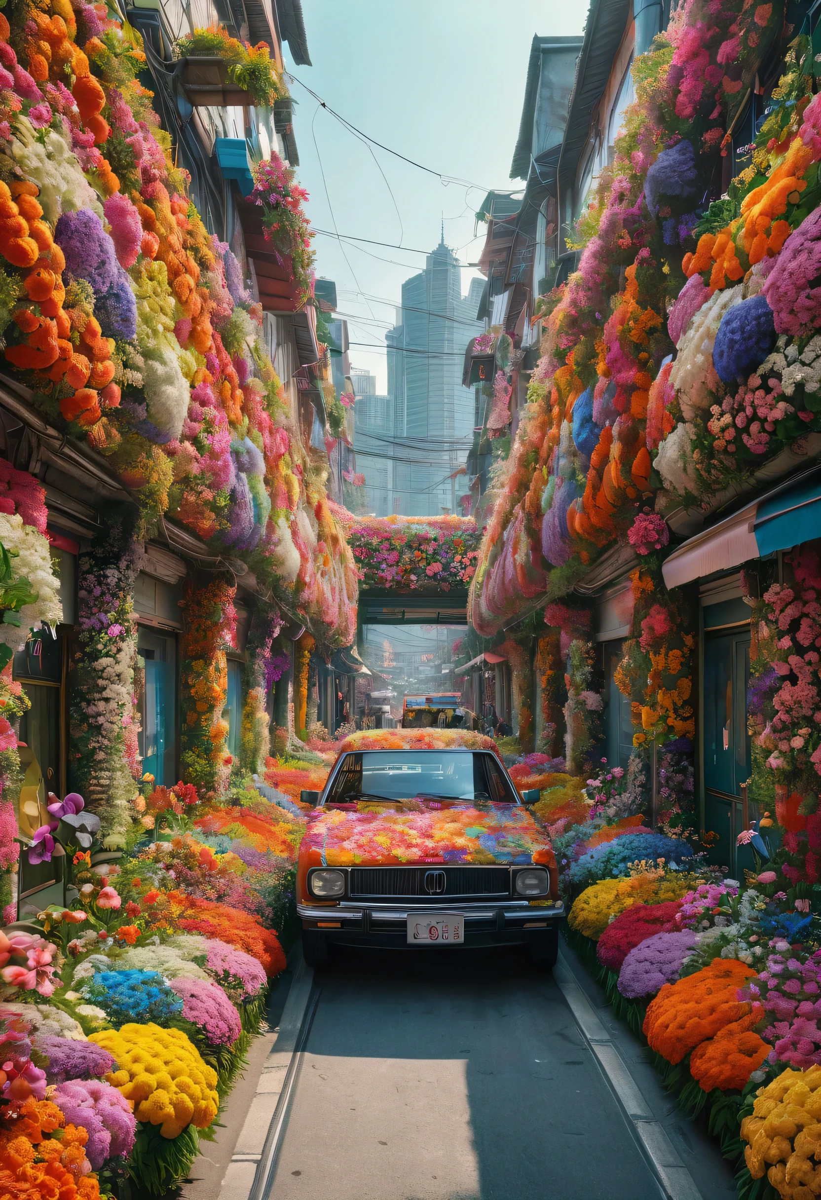 Realistic photos, fantasy, futuristic, Science fiction, Sea of flowers, City, View od street full of flowers, many colorful flowers, The walls are covered with flowers, car covered in flowers, bright colors, 一个美丽的女人在一座被五颜六色的鲜花覆盖的City的街道上漫步, original photo, 32k, high dynamic range, depth of field, 8k, 