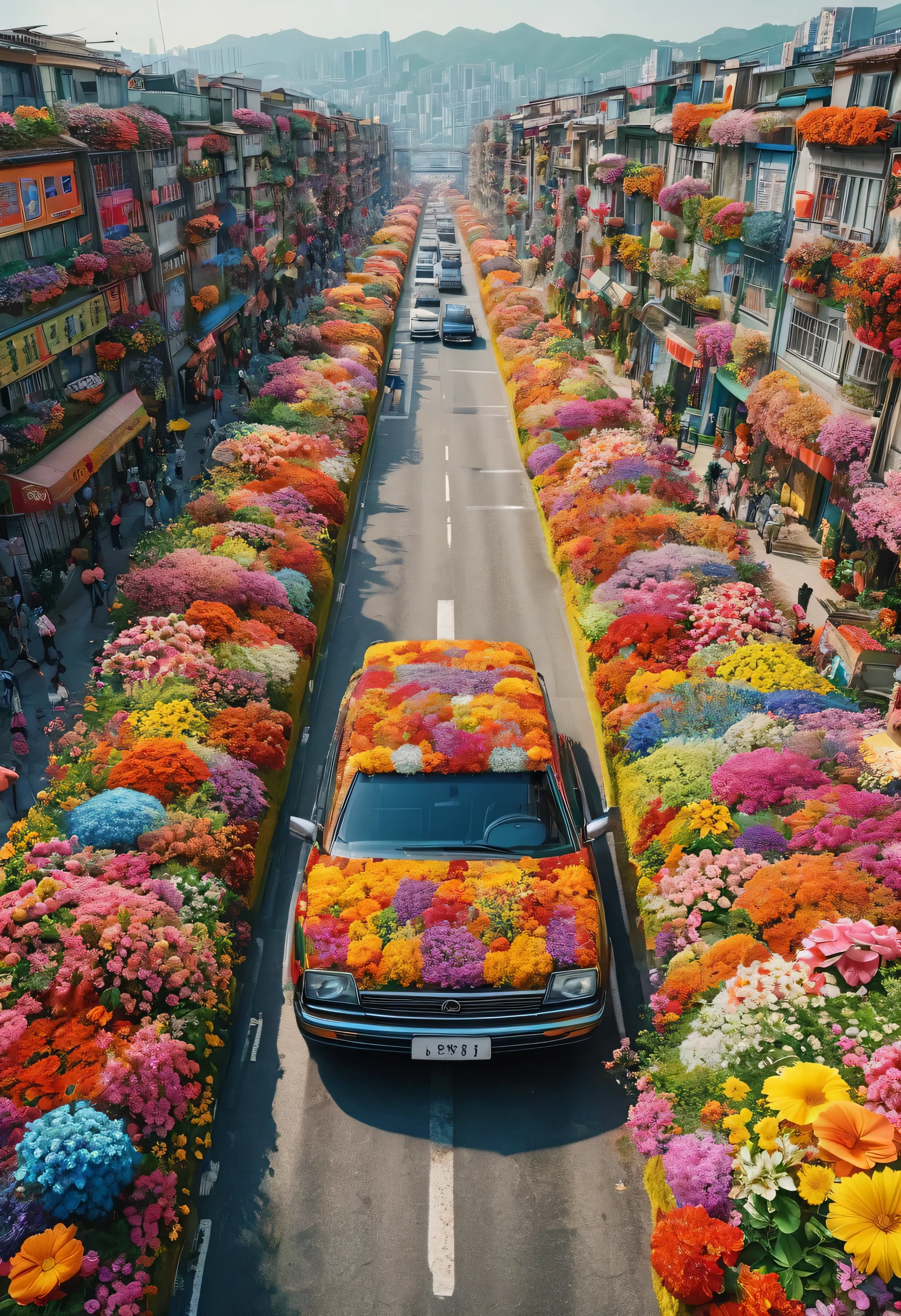 Realistic photos, fantasy, futuristic, Science fiction, Sea of flowers, City, View od street full of flowers, many colorful flowers, The walls are covered with flowers, car covered in flowers, bright colors, 一个美丽的女人在一座被五颜六色的鲜花覆盖的City的街道上漫步, original photo, 32k, high dynamic range, depth of field, 8k, 