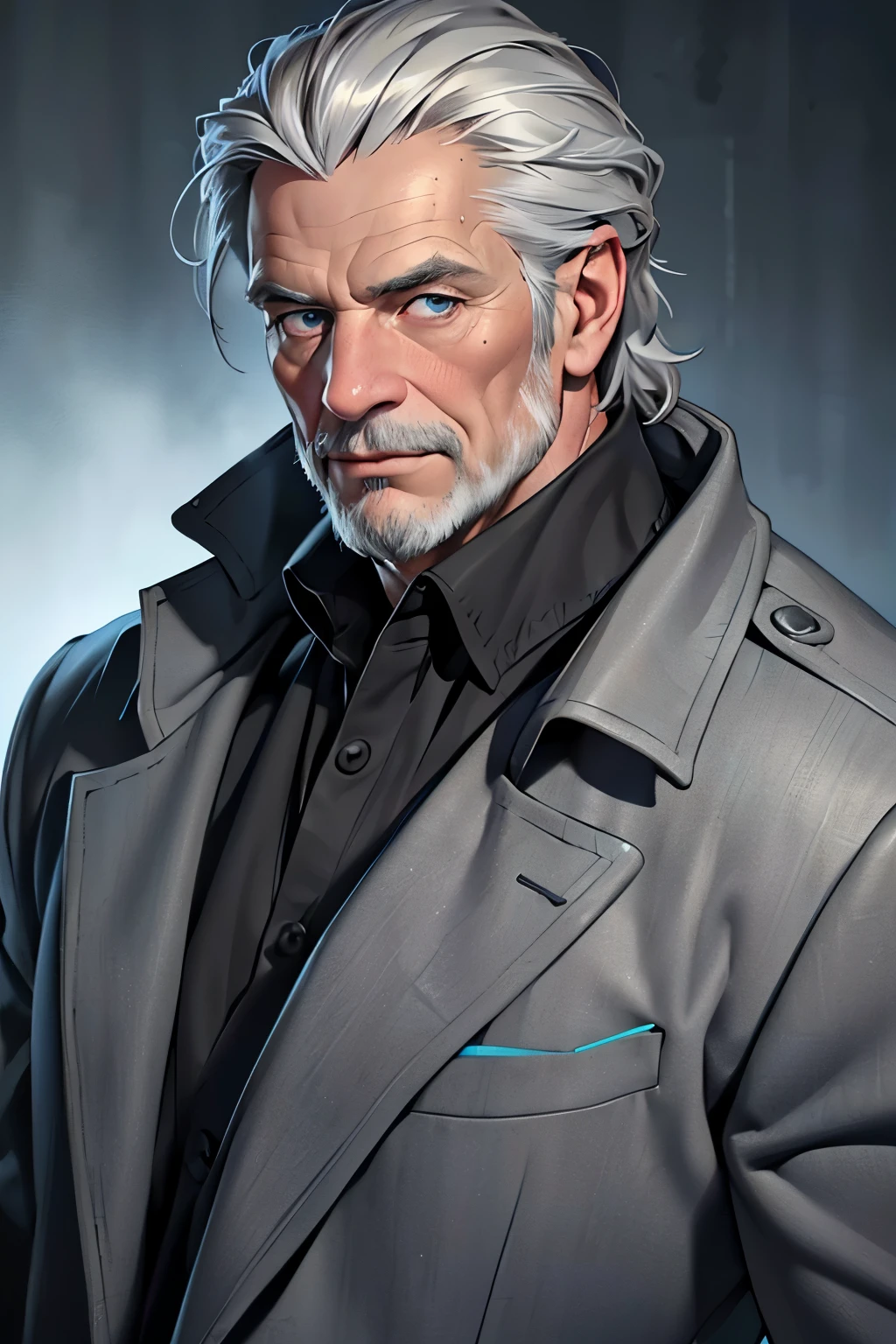 (best quality,4k,8k,highres,masterpiece:1.2), ultra-detailed, (realistic,photorealistic,photo-realistic:1.37), a 60-year-old man with short gray hair and a facial hair, wrinkles, wise-looking blue eyes, no smile, wearing black long coat, full body