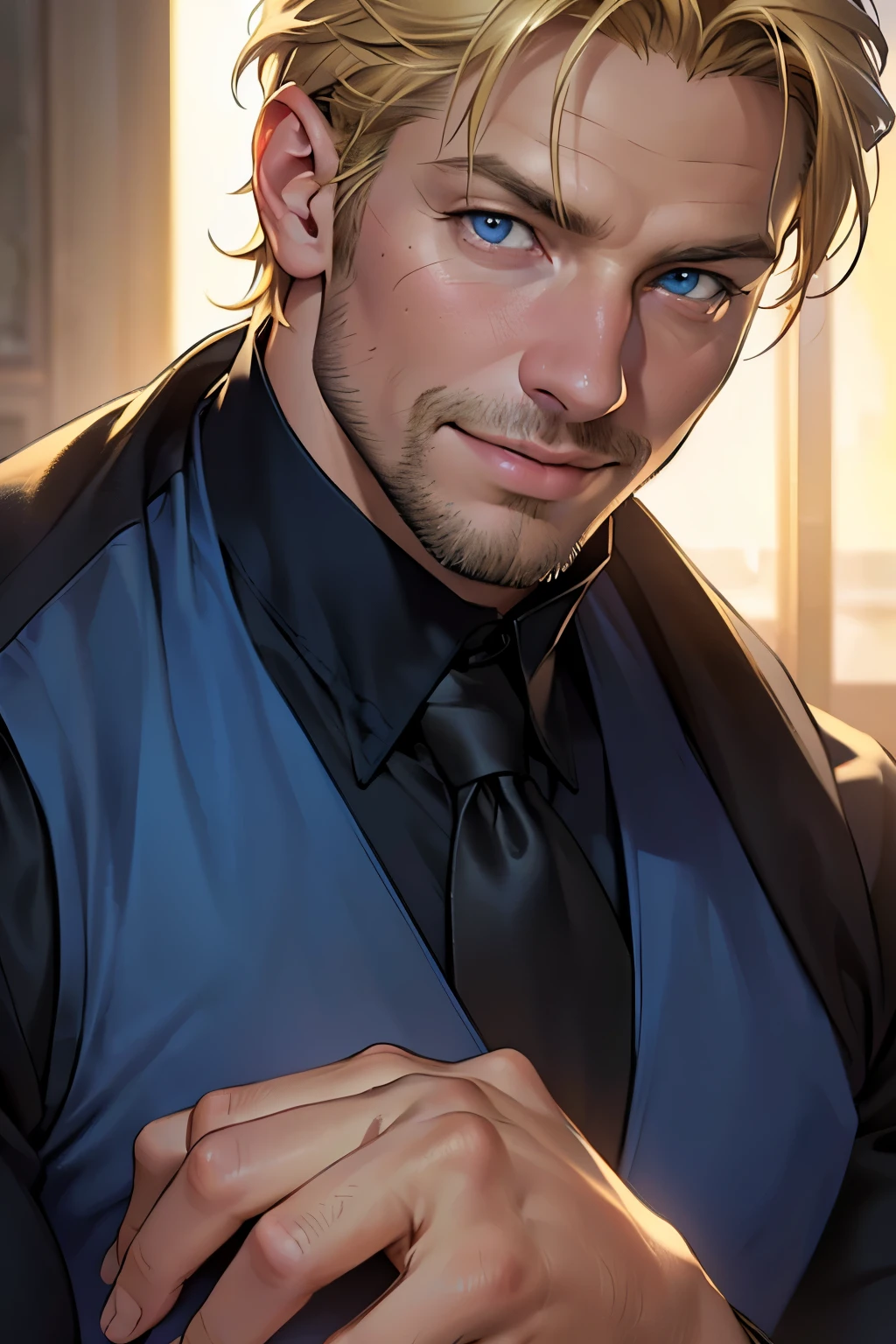 (best quality,4k,8k,highres,masterpiece:1.2), ultra-detailed, (realistic,photorealistic,photo-realistic:1.37), a 40-year-old man with short blonde hair and a blonde goatee, wise-looking blue eyes, warm smile, wearing a navy blue vest