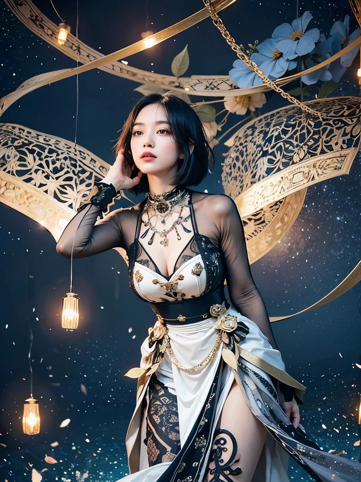 (Best quality, 8k, 32k, Masterpiece, UHD:1.2) "Generate a captivating artwork featuring a young Japanese girl model with short, sleek black hair styled in a chic bob haircut. Envision her bathed in dramatic cinematic lighting, creating an atmosphere of allure and mystery. Emphasize a romantic aesthetic vibe, showcasing the model in a poised and elegant pose that evokes a sense of intimacy and sophistication. Utilize warm and soft tones to enhance the romantic ambiance, and consider incorporating elements like flowing fabrics or flowers to add a touch of ethereal beauty. Capture the essence of romance and beauty through the model's expression, the play of light and shadows, and the overall aesthetic, creating a visually compelling and emotionally resonant piece." (perfect eyes), flawless skin, flawless face, cinematic, tight body, ((well-proportion female hands)), ((female hands with five digits)) ((Body is well proportioned)), ((chic bob haircut)),