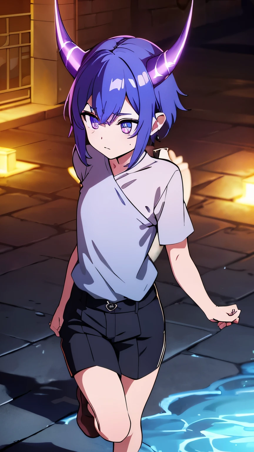 1 nonbinary person ,(big Stigmata), non binary, androgynous, School courtyard, (floating hair), ((in courtyard fountain)), character focus, ((black light)),((dark lighting)), cinematic lighting ,(darkness), (concept art), ((innocent face)), blue short straight hair, light blue hair color, dragonoid girl, short, short blue hairy, glowing bluish-purple horns, bluey-purple eye color, (glowing eyes), high resolution,(incredibly absurdres) ,extremely detailed CG unity 8k wallpaper, ((masterpiece)), ((top-quality)), (beautiful illustration), ((an extremely delicate and beautiful)), (masterpiece, Best quality, ultra high resolution), 1 girl, pale skin, Black Crown, purple eyes, Luminous_eyes, neon blue eyes, ultra detailed eyes, Beautiful and detailed face, detailed eyes, (Centered, torso), (wide shot:0.9), facing the viewer, Eye level, flat chested, flat chest, cup size AAA, Wearing black cargo shorts, sharp horns, blue horns on top of head,