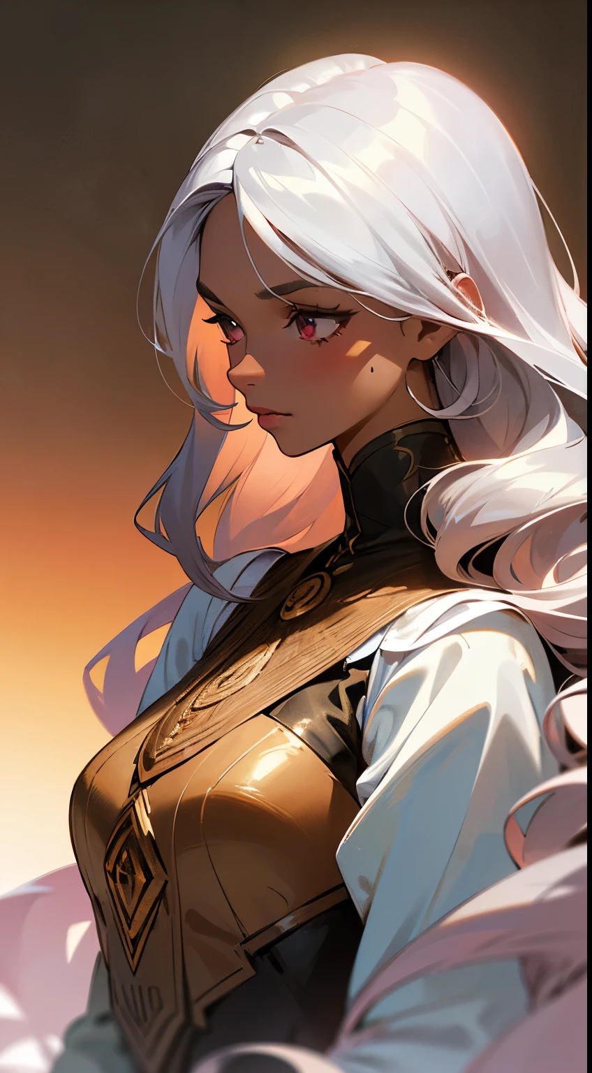 Beautiful woman, extremely long hair , ((silver hair:1.3)) , wavy hair, ((very large chest:1)) , full lips , pink iris , fit body , ((brown skin:1.3)), ((dark skin:1)), has striking long, white hair that flows down to her mid-back, strong and determined facial structure, light pink eyes , eyebrows are thin and arched, powerful and athletic build, She is notably tall and statuesque, well-defined muscles, age 33
(masterpiece, best quality:1.3),beautiful detailed glow,best illuminate,(((best quality,textile shading,ultra detailed))),extremely detailed CG unity 8k wallpaper,Highly Detailed beautiful and aesthetic,best light,high resolution,detailed,dynamic lighting , 1Character , pastel washed out colors , cell shade , soft, muted shades ,gentle colors ,
Wearing an orange turtle neck , close up head shot , fall colors , orange brown and leaves in the background, background blur, fall scene,