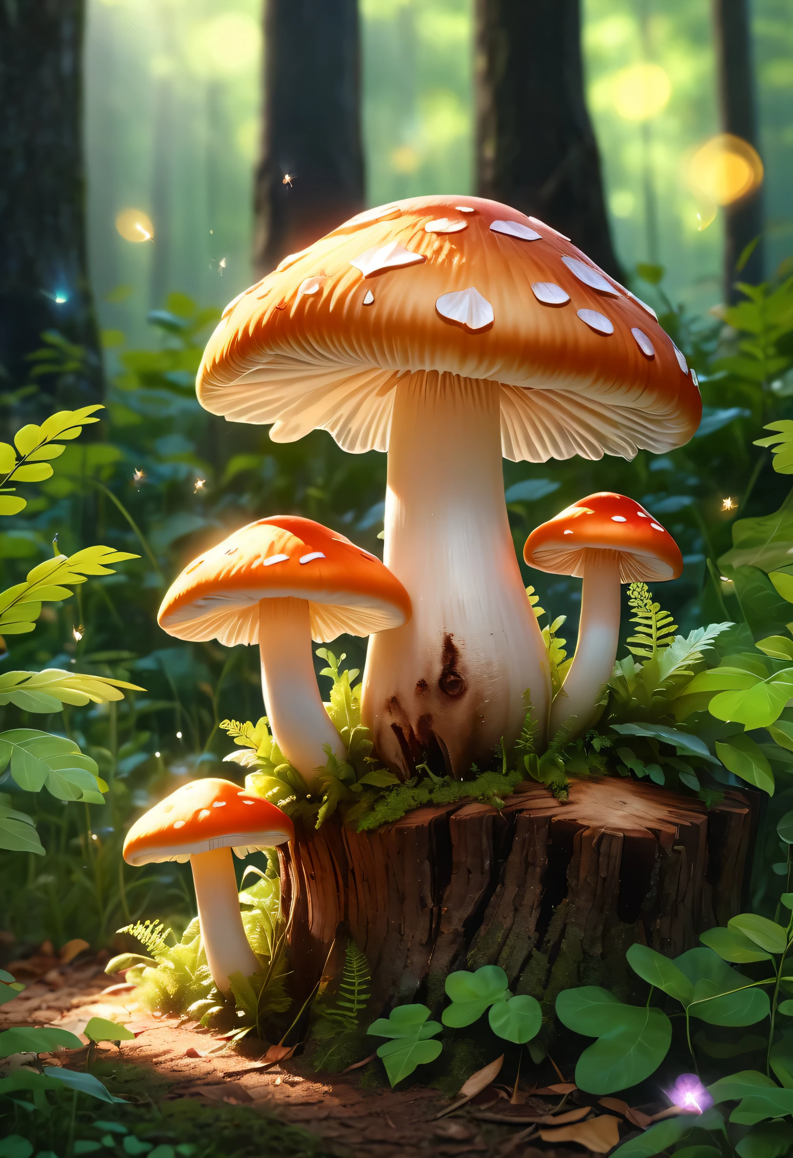 Mushrooms growing from tree stump close-up:1.37, Cute Mushroom,fascinated by nature, background full of lucky 蘑菇s, Glowing Mushroom, leaves and magic.beautiful!!!!!!!!!, green blessing, Natural and realistic rendering.Fireflies illuminate the foreground.best essay. anatomically correct.bokeh background(best quality,4k,8k,high resolution,masterpiece:1.2),super detailed,(actual,photoactual,photo-actual:1.37),