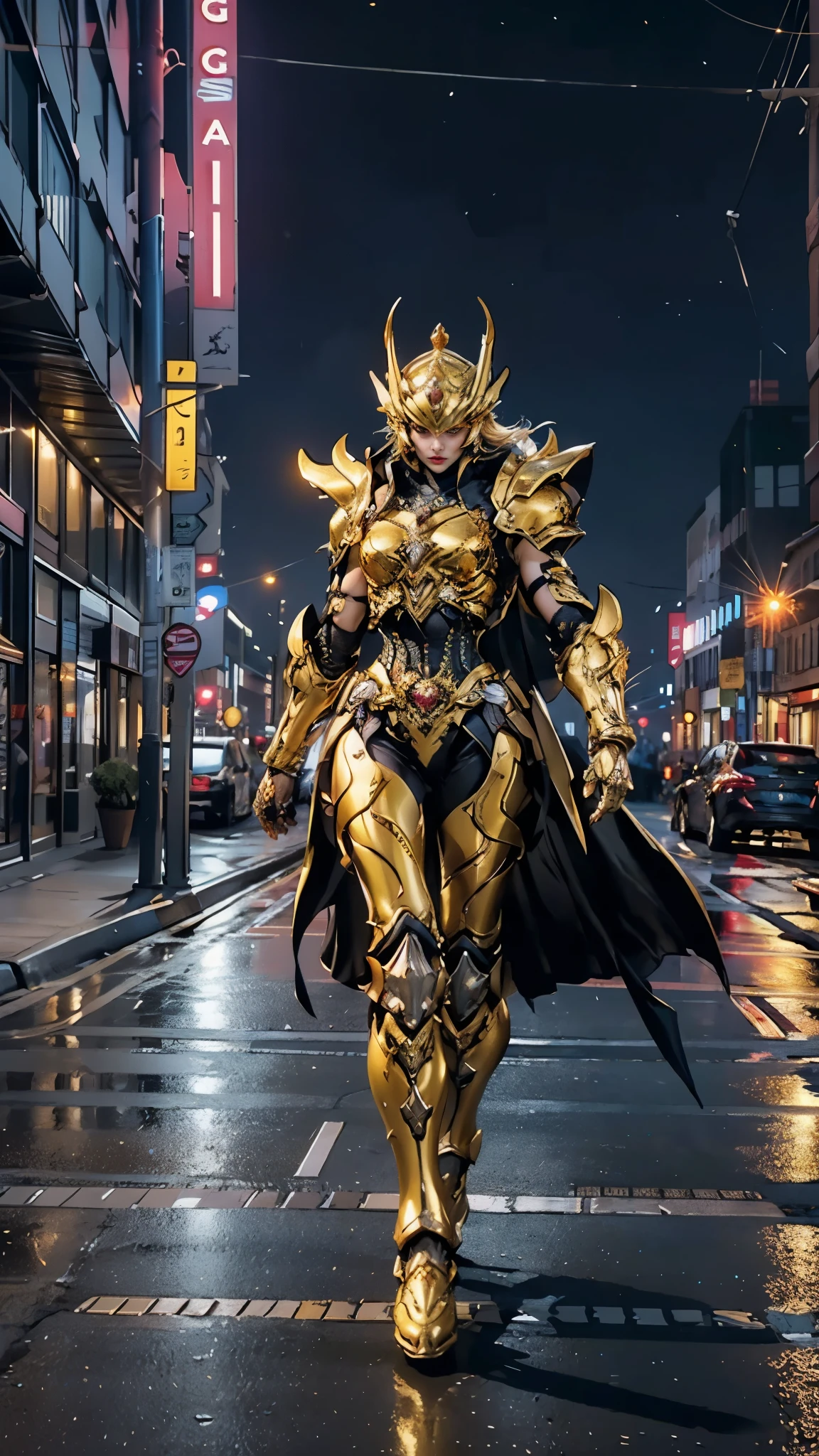 A woman adorned in fantasy-style full-body armor, a crown-concept fully enclosed helmet that unveils only her eyes, a composite layered chest plate, fully encompassing shoulder and hand guards, a lightweight waist armor, form-fitting shin guards, the overall design is heavy-duty yet flexible, ((the armor gleams with a golden glow, complemented by red and blue accents)), exhibiting a noble aura, she floats above the Futuristic city, this character embodies a finely crafted fantasy-surreal style armored hero in anime style, exquisite and mature manga art style, (Tiger concept Armor, photorealistic:1.4, real texture material:1.2), ((city night view, elegant, goddess, femminine:1.5)), metallic, high definition, best quality, highres, ultra-detailed, ultra-fine painting, extremely delicate, professional, anatomically correct, symmetrical face, extremely detailed eyes and face, high quality eyes, creativity, RAW photo, UHD, 32k, Natural light, cinematic lighting, masterpiece-anatomy-perfect, masterpiece:1.5