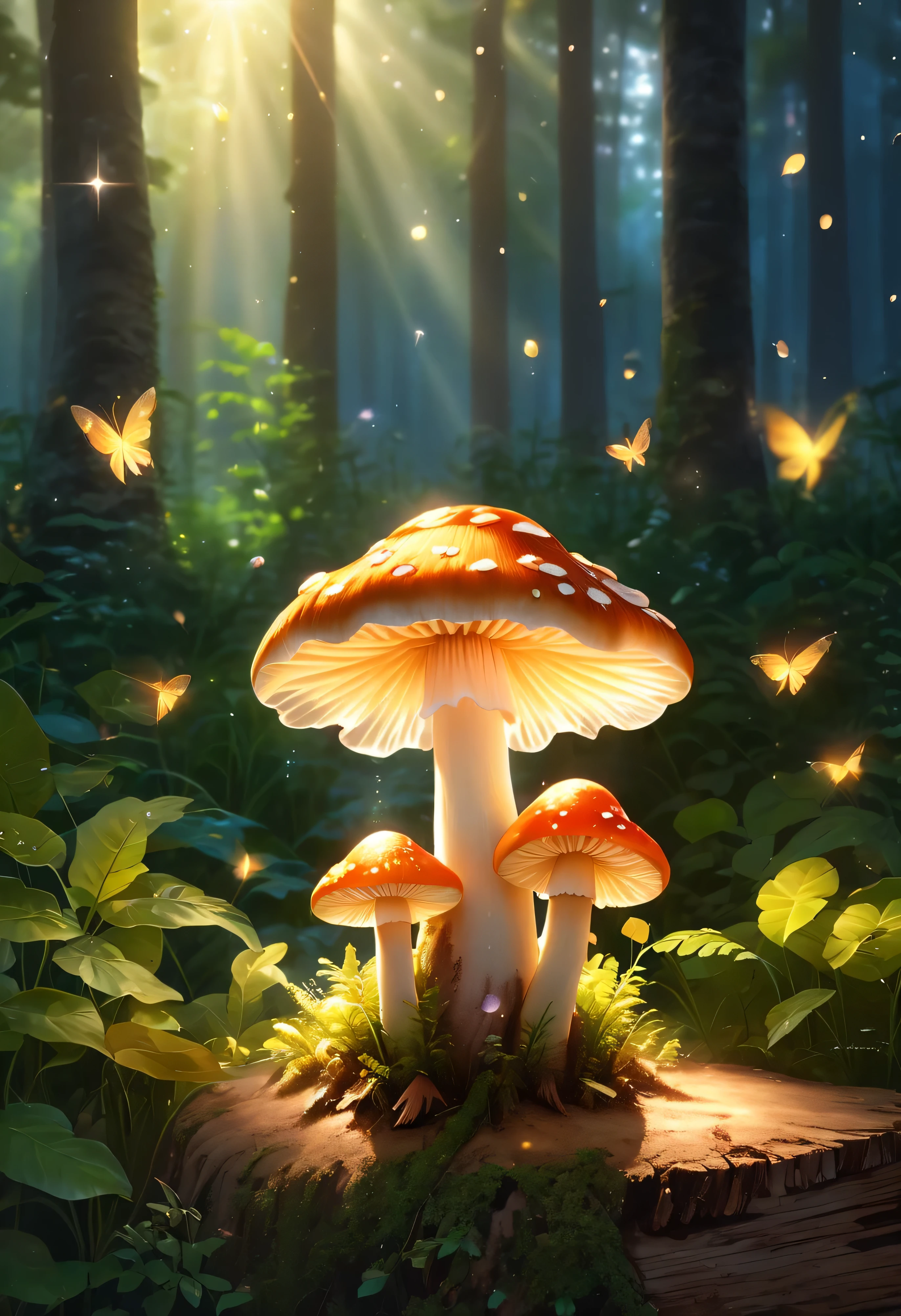 Mushrooms growing from tree stump close-up:1.37, Cute Mushroom,fascinated by nature, background full of lucky 蘑菇s, Glowing Mushroom, leaves and magic.beautiful!!!!!!!!!, green blessing, Natural and realistic rendering.Fireflies illuminate the foreground.best essay. anatomically correct.bokeh background(best quality,4k,8k,high resolution,masterpiece:1.2),super detailed,(actual,photoactual,photo-actual:1.37),Creates an apparently strong Tyndall effect, light and space, forest ray,