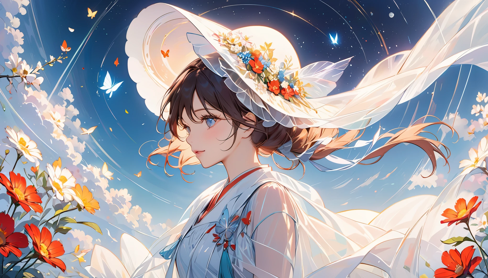 The foreground is a dreamer., highlighting lines and minimalist style in the transparent white chiffon state; El fondo presenta coronas de flores que fluyen., mariposas, and small celestial bodies, using an abstract sci-fi style Moranti color scheme