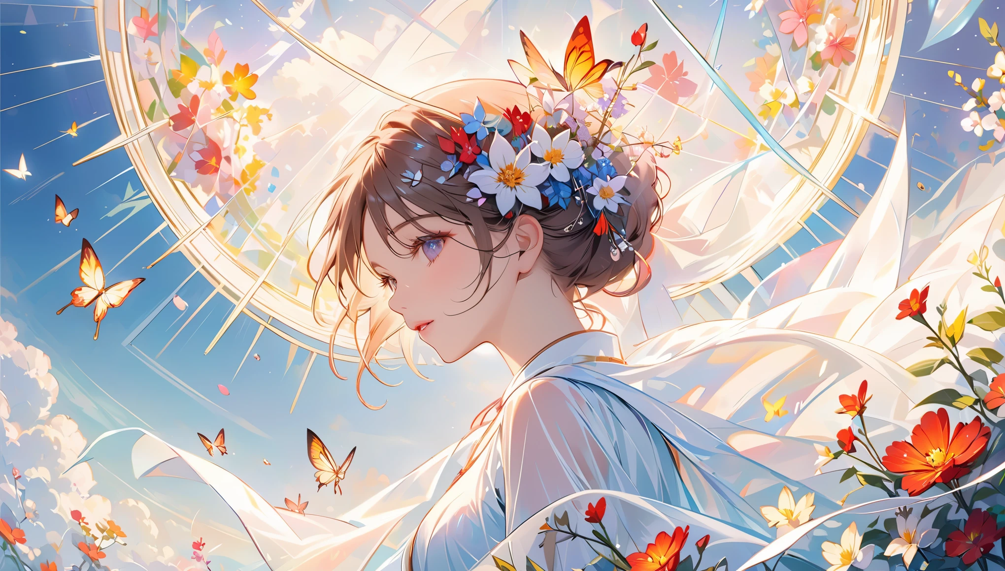 The foreground is a dreamer., highlighting lines and minimalist style in the transparent white chiffon state; El fondo presenta coronas de flores que fluyen., mariposas, and small celestial bodies, using an abstract sci-fi style Moranti color scheme