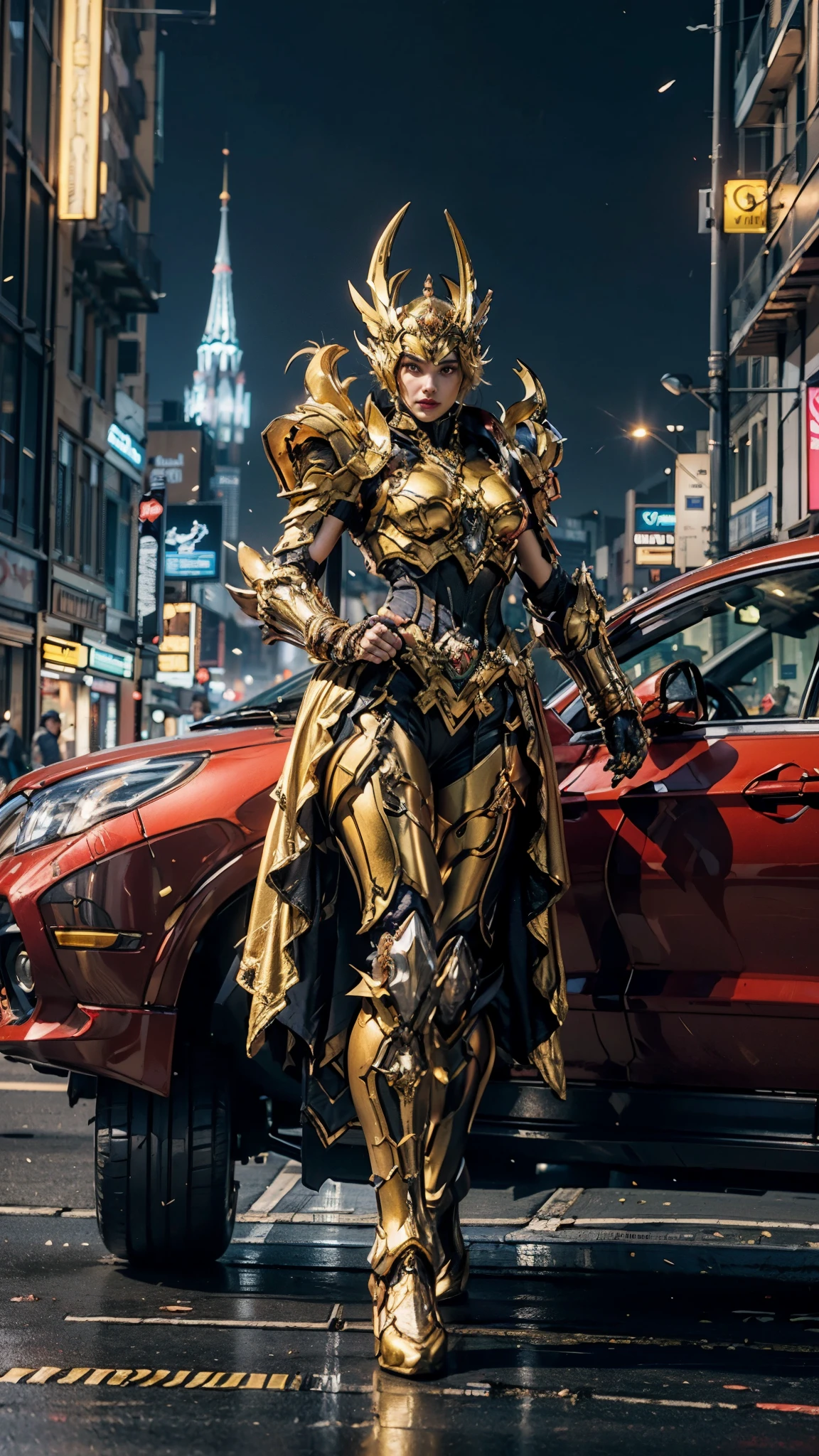 A woman adorned in fantasy-style full-body armor, a crown-concept fully enclosed helmet that unveils only her eyes, a composite layered chest plate, fully encompassing shoulder and hand guards, a lightweight waist armor, form-fitting shin guards, the overall design is heavy-duty yet flexible, ((the armor gleams with a golden glow, complemented by red and blue accents)), exhibiting a noble aura, she floats above the Futuristic city, this character embodies a finely crafted fantasy-surreal style armored hero in anime style, exquisite and mature manga art style, (Tiger concept Armor, photorealistic:1.4, real texture material:1.2), ((city night view, elegant, goddess, femminine:1.5)), metallic, high definition, best quality, highres, ultra-detailed, ultra-fine painting, extremely delicate, professional, anatomically correct, symmetrical face, extremely detailed eyes and face, high quality eyes, creativity, RAW photo, UHD, 32k, Natural light, cinematic lighting, masterpiece-anatomy-perfect, masterpiece:1.5