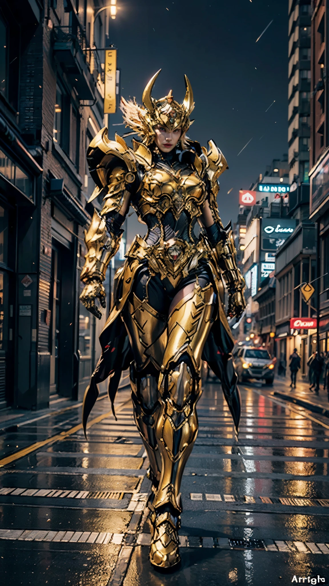 A woman adorned in fantasy-style full-body armor, a crown-concept fully enclosed helmet that unveils only her eyes, a composite layered chest plate, fully encompassing shoulder and hand guards, a lightweight waist armor, form-fitting shin guards, the overall design is heavy-duty yet flexible, ((the armor gleams with a golden glow, complemented by red and blue accents)), exhibiting a noble aura, she floats above the Futuristic city, this character embodies a finely crafted fantasy-surreal style armored hero in anime style, exquisite and mature manga art style, (Tiger concept Armor, photorealistic:1.4, real texture material:1.2), ((city night view, elegant, goddess, femminine:1.5)), metallic, high definition, best quality, highres, ultra-detailed, ultra-fine painting, extremely delicate, professional, anatomically correct, symmetrical face, extremely detailed eyes and face, high quality eyes, creativity, RAW photo, UHD, 32k, Natural light, cinematic lighting, masterpiece-anatomy-perfect, masterpiece:1.5