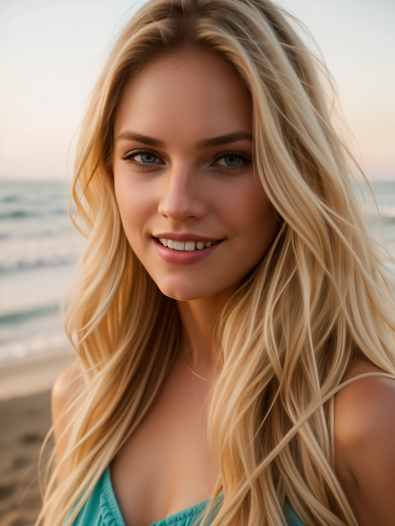 Cinematic soft lighting illuminates a stunningly detailed and ultra-realistic beautiful supermodel, beach look, long messy windy blonde hair, blue eyes, captivating perfect smile, sensual, hot woman, gorgeous, that is trending on ArtStation. Octane is the perfect tool to capture the softest details of this 16k photography masterpiece.