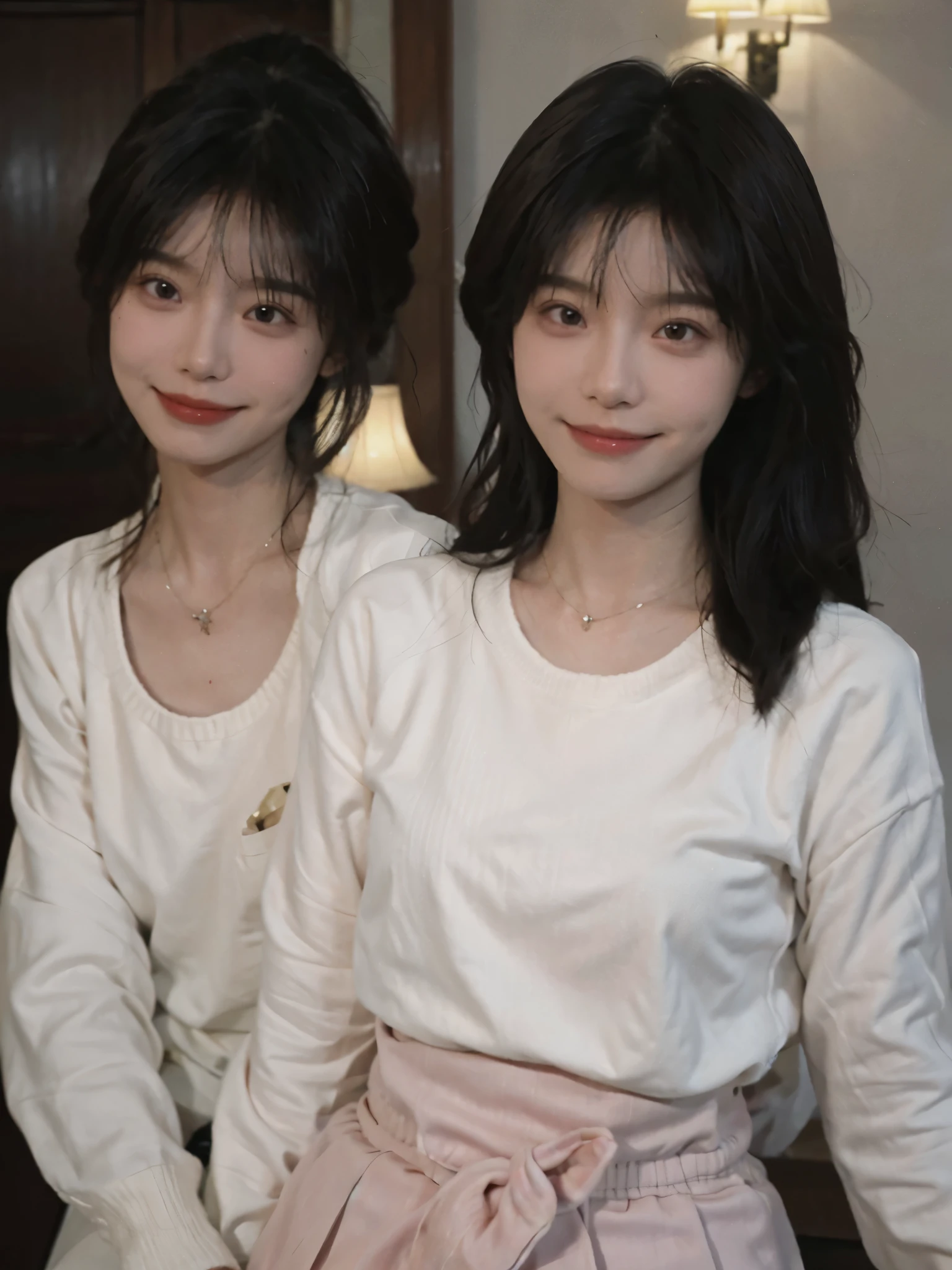best quality, ultra high resolution, (realistically:1.4),cute hairpin,Baoyu Girl,1 girl, Beautiful woman with slim figure:1.4, abdominal muscles:1.8, a brown haired one, Medium chest:1.3, pink long sweater:1.1, Chis,Super thin face,exquisite eyes,double eyelids,Smile,necklace