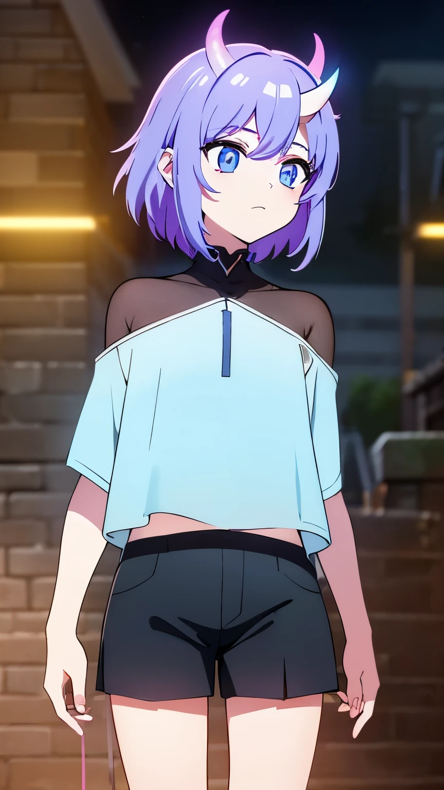 1 nonbinary person ,(big Stigmata), non binary, androgynous, School courtyard, (floating hair), ((in courtyard fountain)), character focus, ((black light)),((dark lighting)), cinematic lighting ,(darkness), (concept art), ((innocent face)), blue short straight hair, light blue hair color, dragonoid girl, short, short blue hairy, glowing bluish-purple horns, bluey-purple eye color, (glowing eyes), high resolution,(incredibly absurdres) ,extremely detailed CG unity 8k wallpaper, ((masterpiece)), ((top-quality)), (beautiful illustration), ((an extremely delicate and beautiful)), (masterpiece, Best quality, ultra high resolution), 1 girl, pale skin, Black Crown, purple eyes, Luminous_eyes, neon blue eyes, ultra detailed eyes, Beautiful and detailed face, detailed eyes, (Centered, torso), (wide shot:0.9), facing the viewer, Eye level, flat chested, flat chest, cup size AAA, Wearing black cargo shorts, sharp horns, blue horns on top of head,