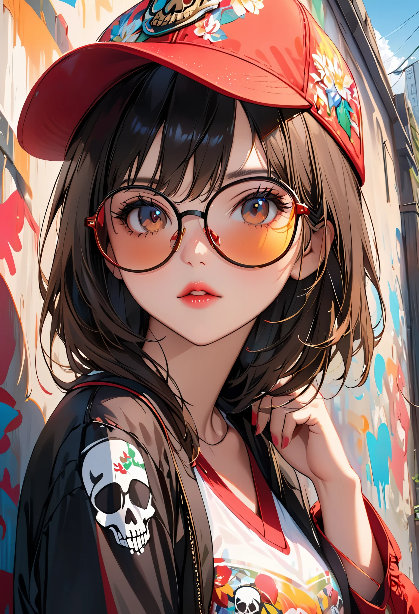 8K resolution、((of the highest quality))、((Obra maestra))、((super detailed))、1 hembra、alone、incredibly absurd、 (((the most beautiful girl of all time))), (((gafas de sol con estilo))), labios enamorados, Gorra elegante,pelo corto、small breasts, ((skull(pared de arte graffiti))), cabello colorido, provocativo