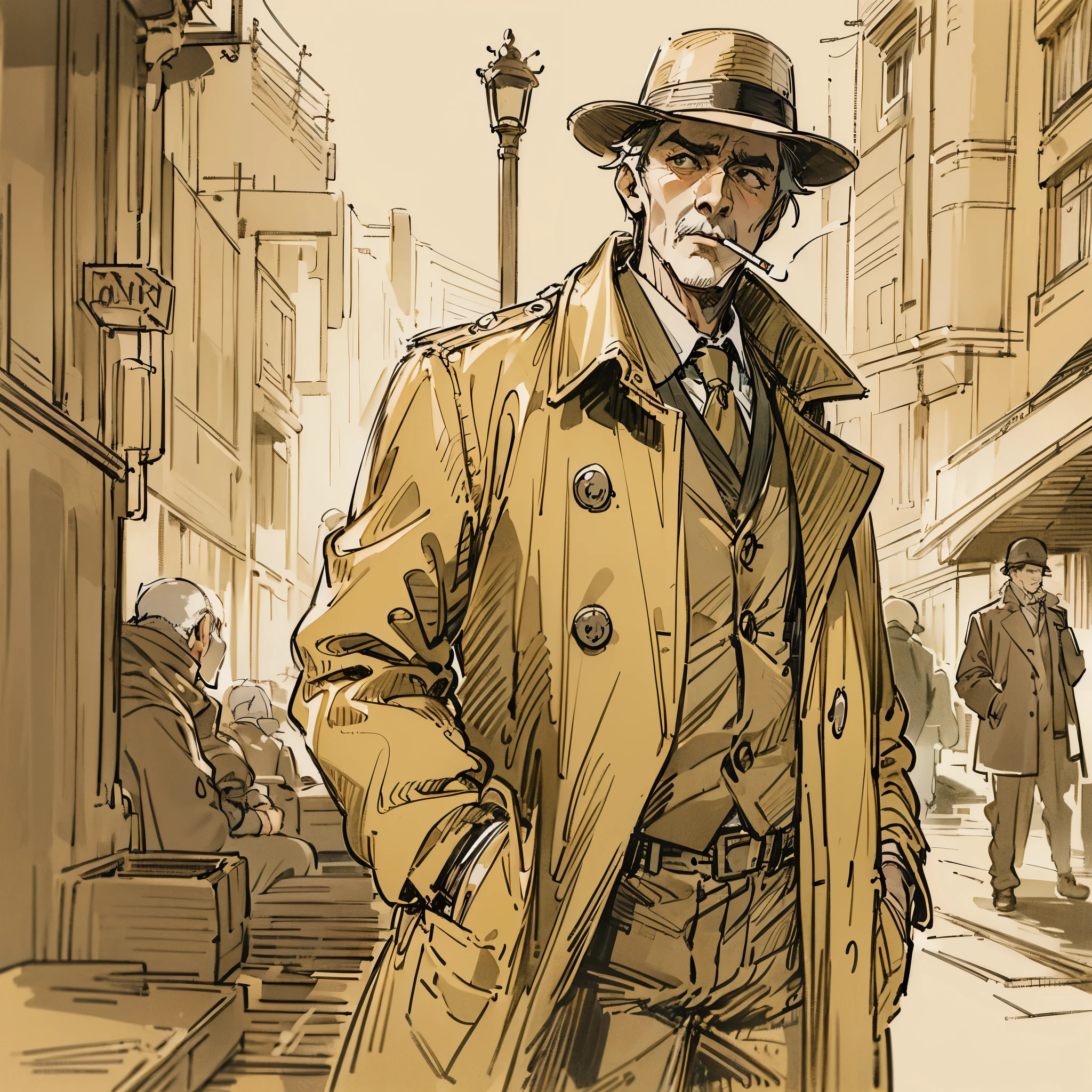 A mature middle-aged man，Detective dress-up，Wearing a brown trench coat，British style，Wearing a gentleman&#39;s hat，Hands in your pockets，smoking，Walking in the streets and alleys。Vista composition，Anime illustration style，Marker sketch style，Sketch portraits of people，high-definition，4k。