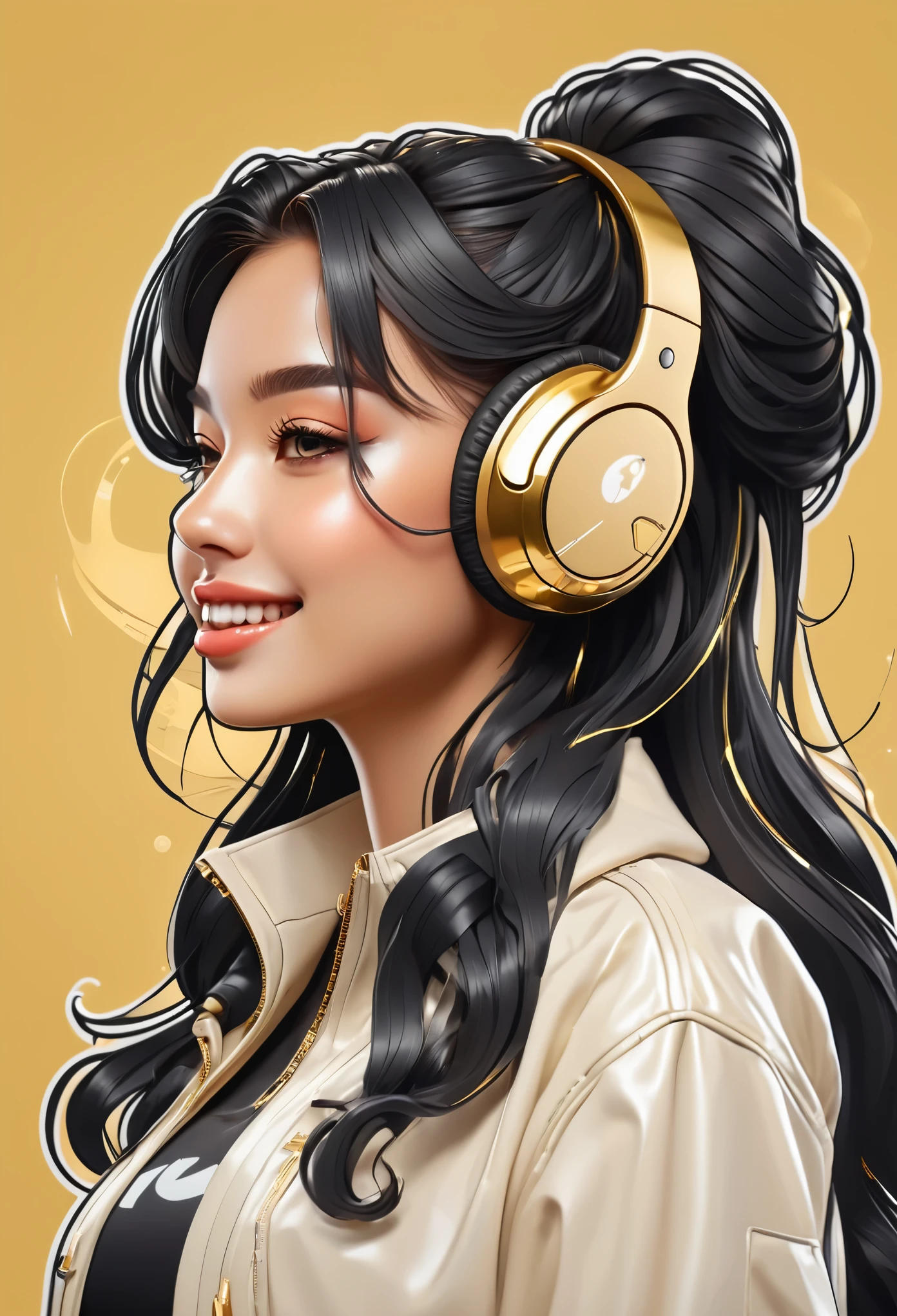 (a sticker,),(3D anime girl),air pods, (In circlerown background), (cyberpunk border)， ultra - detailed, Detailed diagram, vectorized, 8K, Professional sticker design, Graphic design, vector lines, a sticker, Full-HD, luxury office, long wavy black hair with gold streaks, smiling kindly, ultra detailed, light cream background, light gold and dark grey color scheme 