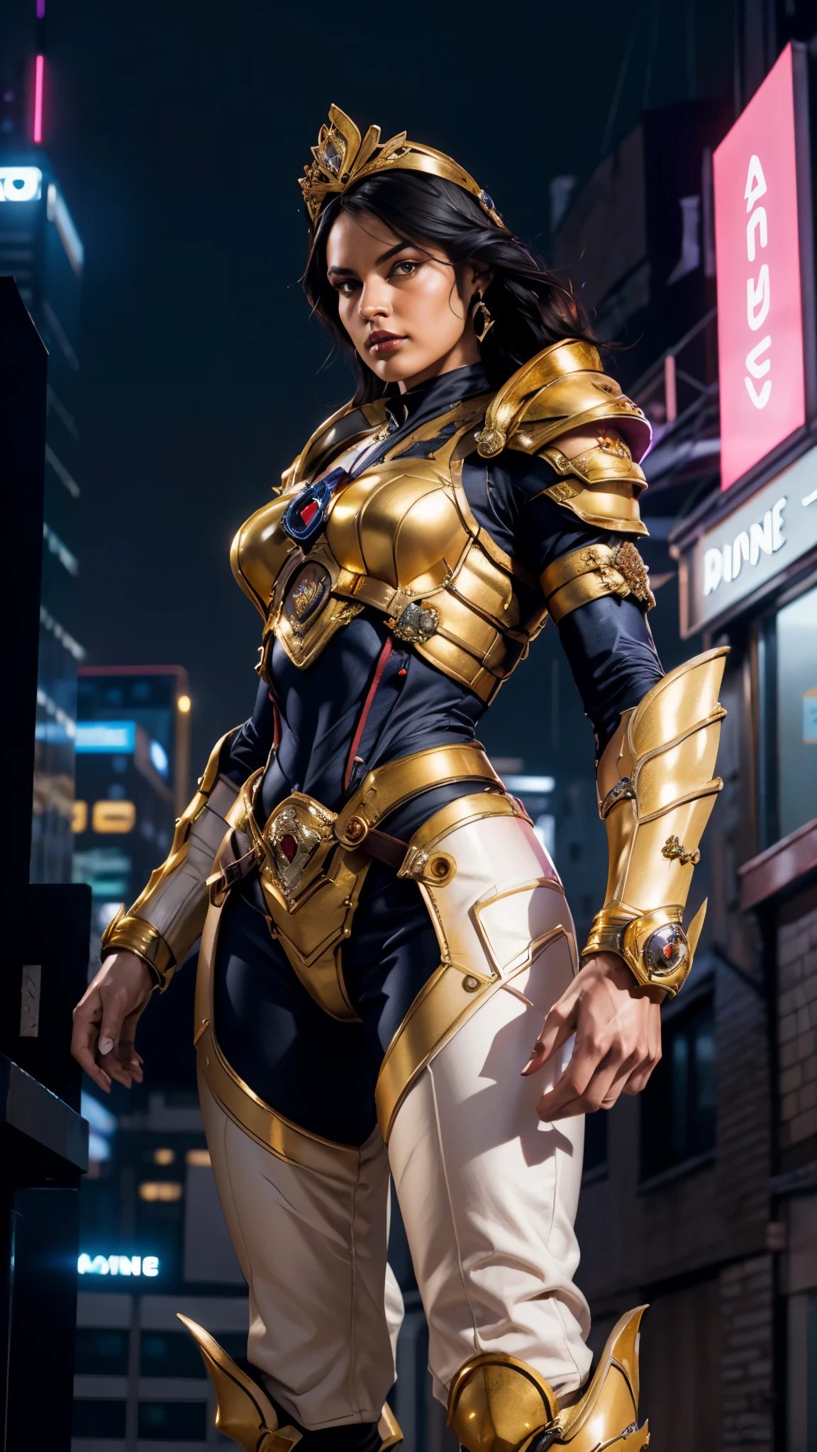 A woman adorned in fantasy-style full-body armor, a crown-concept fully enclosed helmet that unveils only her eyes, a composite layered chest plate, fully encompassing shoulder and hand guards, a lightweight waist armor, form-fitting shin guards, the overall design is heavy-duty yet flexible, ((the armor gleams with a golden glow, complemented by red and blue accents)), exhibiting a noble aura, she floats above the Futuristic city, this character embodies a finely crafted fantasy-surreal style armored hero in anime style, exquisite and mature manga art style, (Tiger concept Armor, photorealistic:1.4, real texture material:1.2), ((city night view, elegant, goddess, femminine:1.5)), metallic, high definition, best quality, highres, ultra-detailed, ultra-fine painting, extremely delicate, professional, anatomically correct, symmetrical face, extremely detailed eyes and face, high quality eyes, creativity, RAW photo, UHD, 32k, Natural light, cinematic lighting, masterpiece-anatomy-perfect, masterpiece:1.5